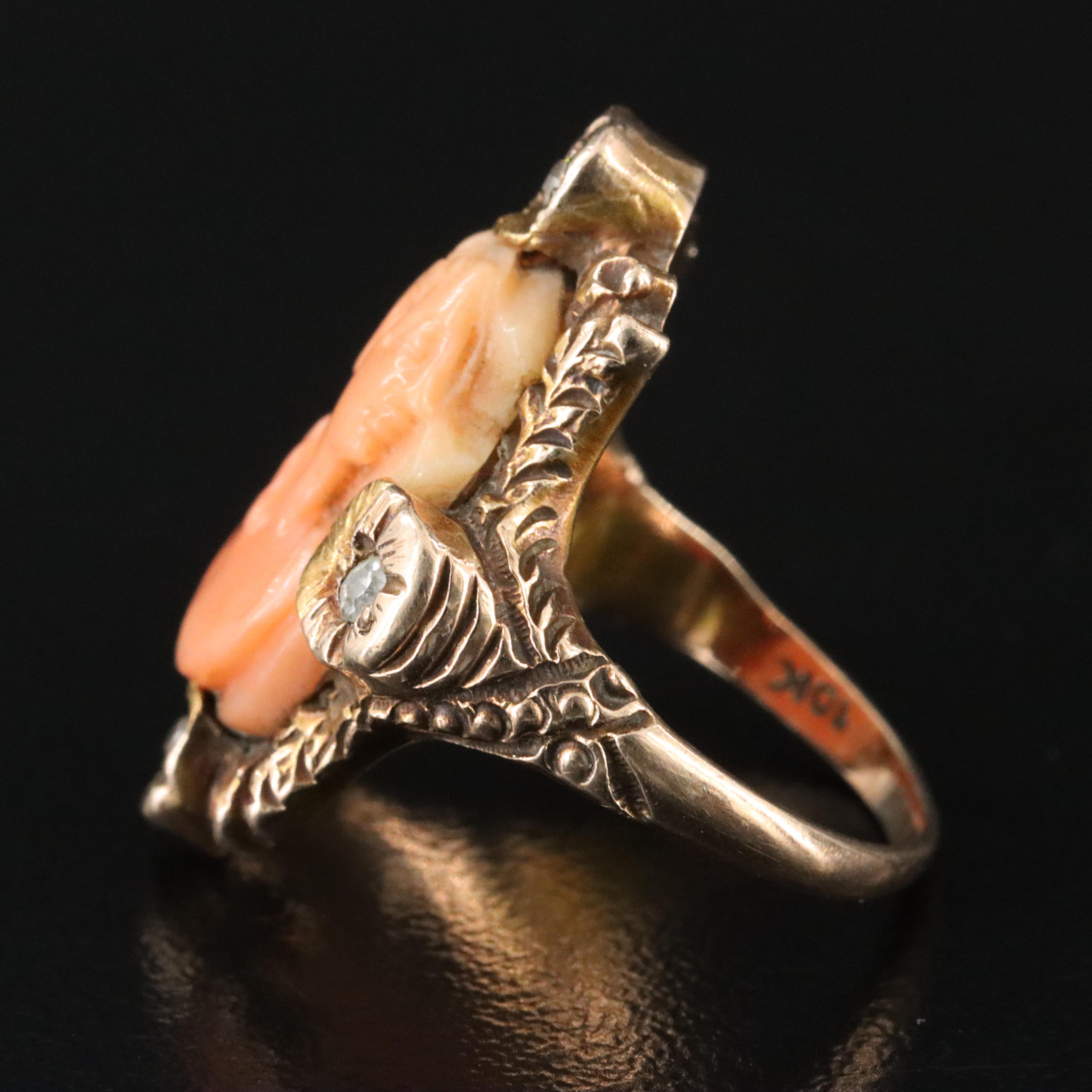 Antique 10K Coral and Diamond Carved Cameo Ring