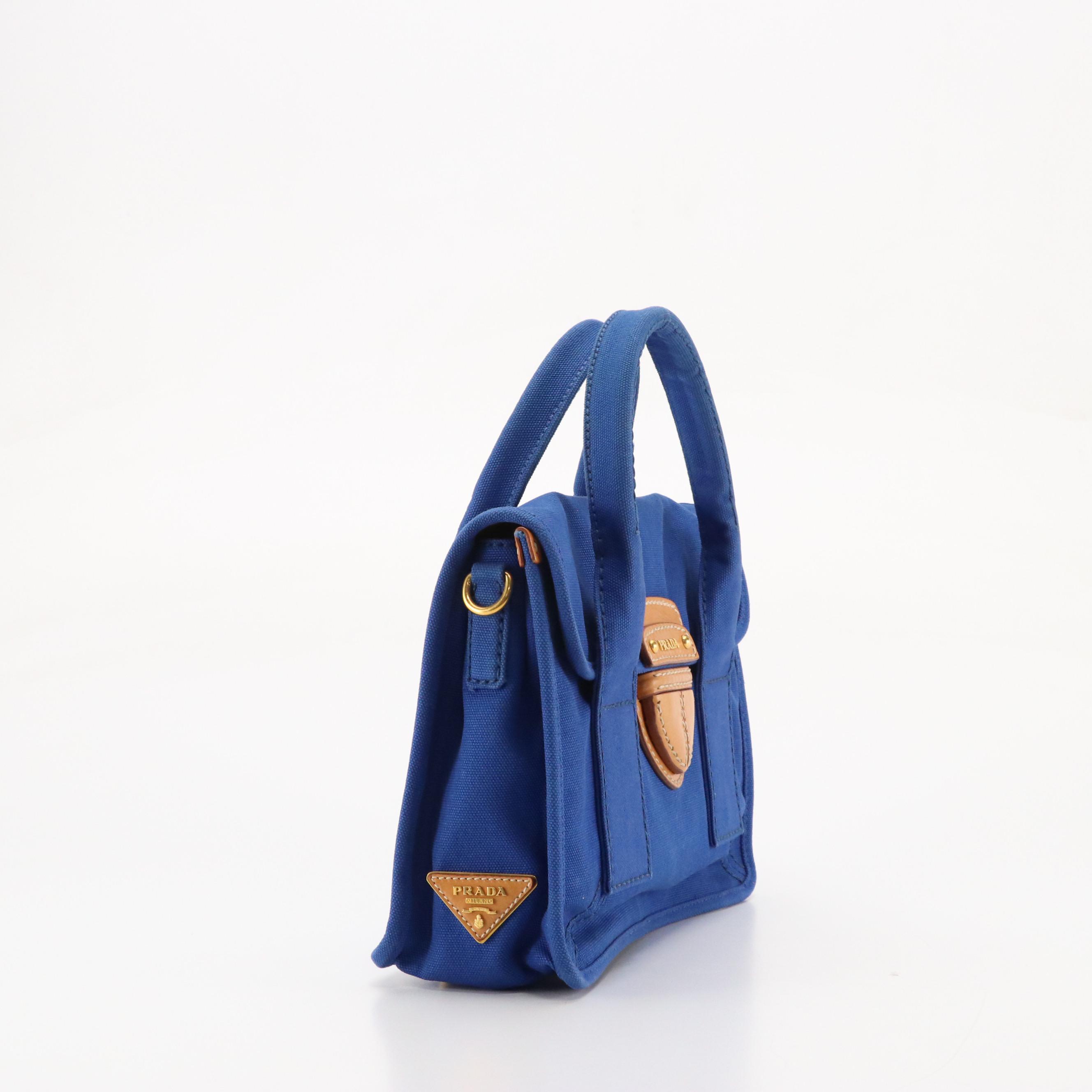 Prada Flap-Front Handbag in Cobalt Blue Canapa Canvas with Leather Trim