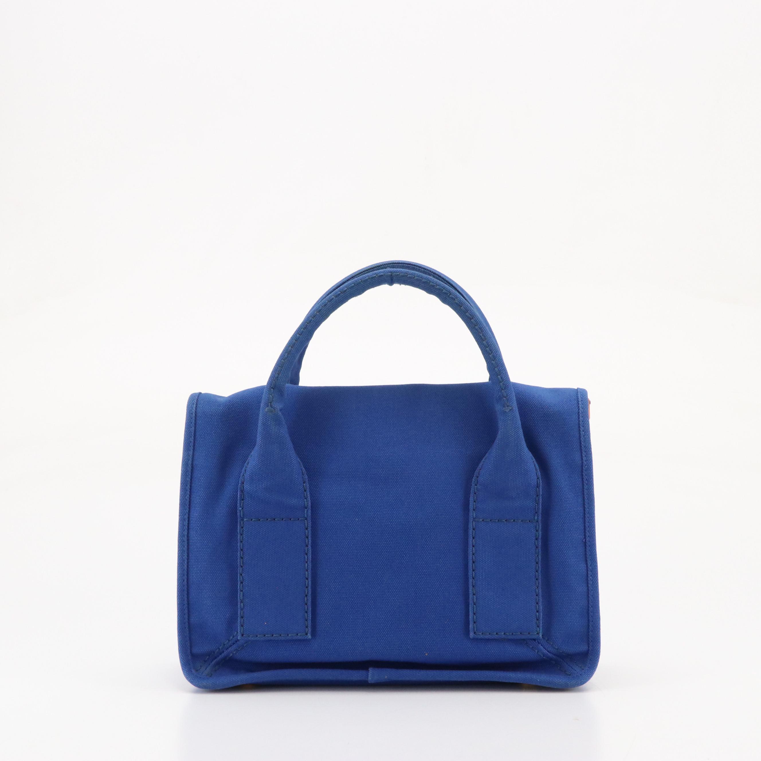 Prada Flap-Front Handbag in Cobalt Blue Canapa Canvas with Leather Trim
