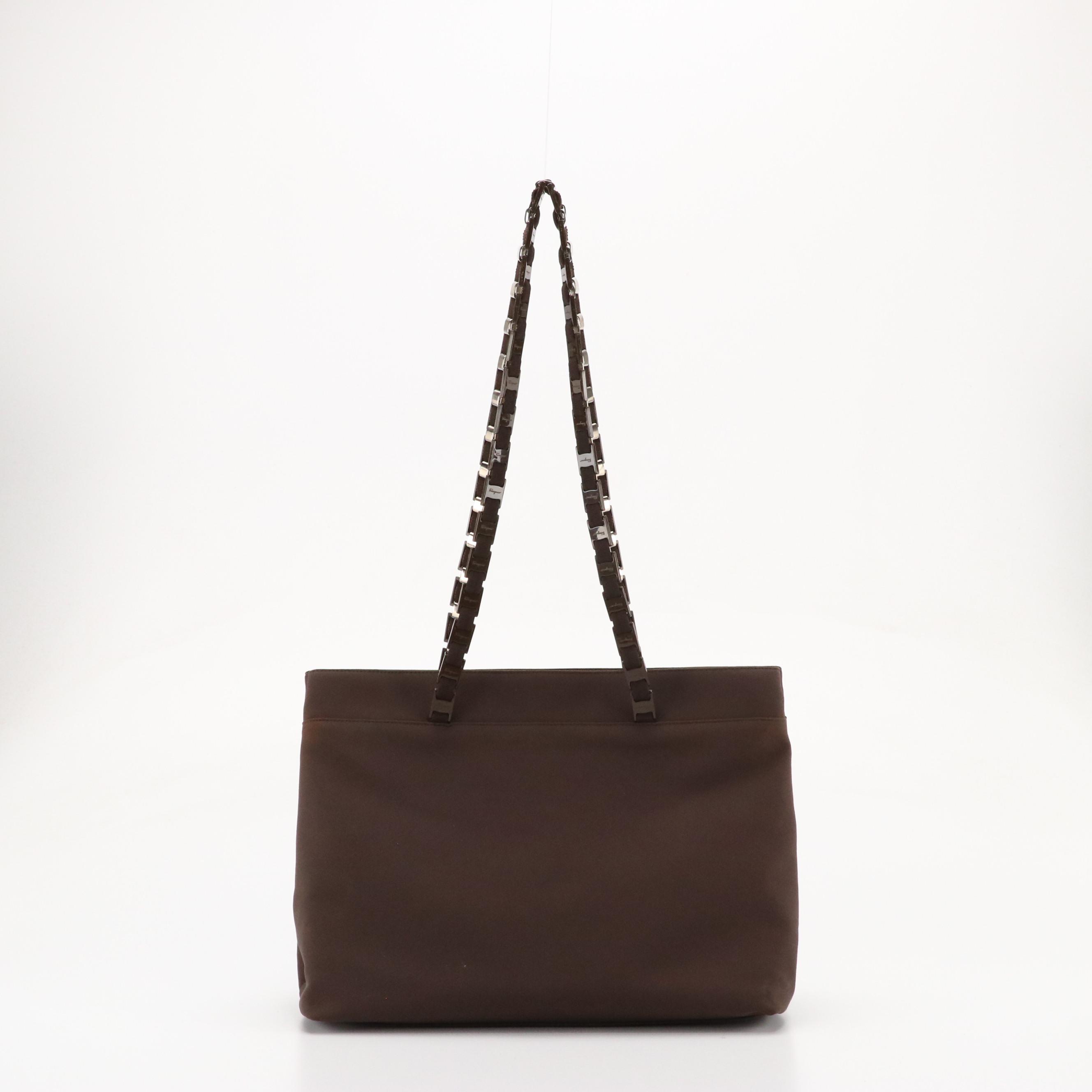 Salvatore Ferragamo Shoulder Bag in Brown Textile with Interwoven Link Straps