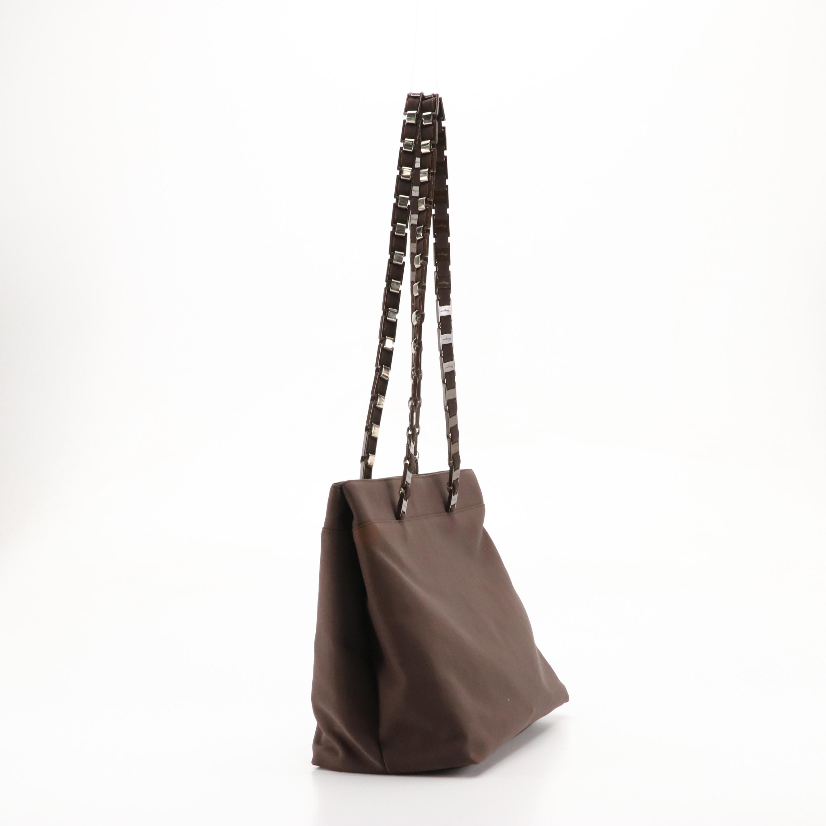 Salvatore Ferragamo Shoulder Bag in Brown Textile with Interwoven Link Straps