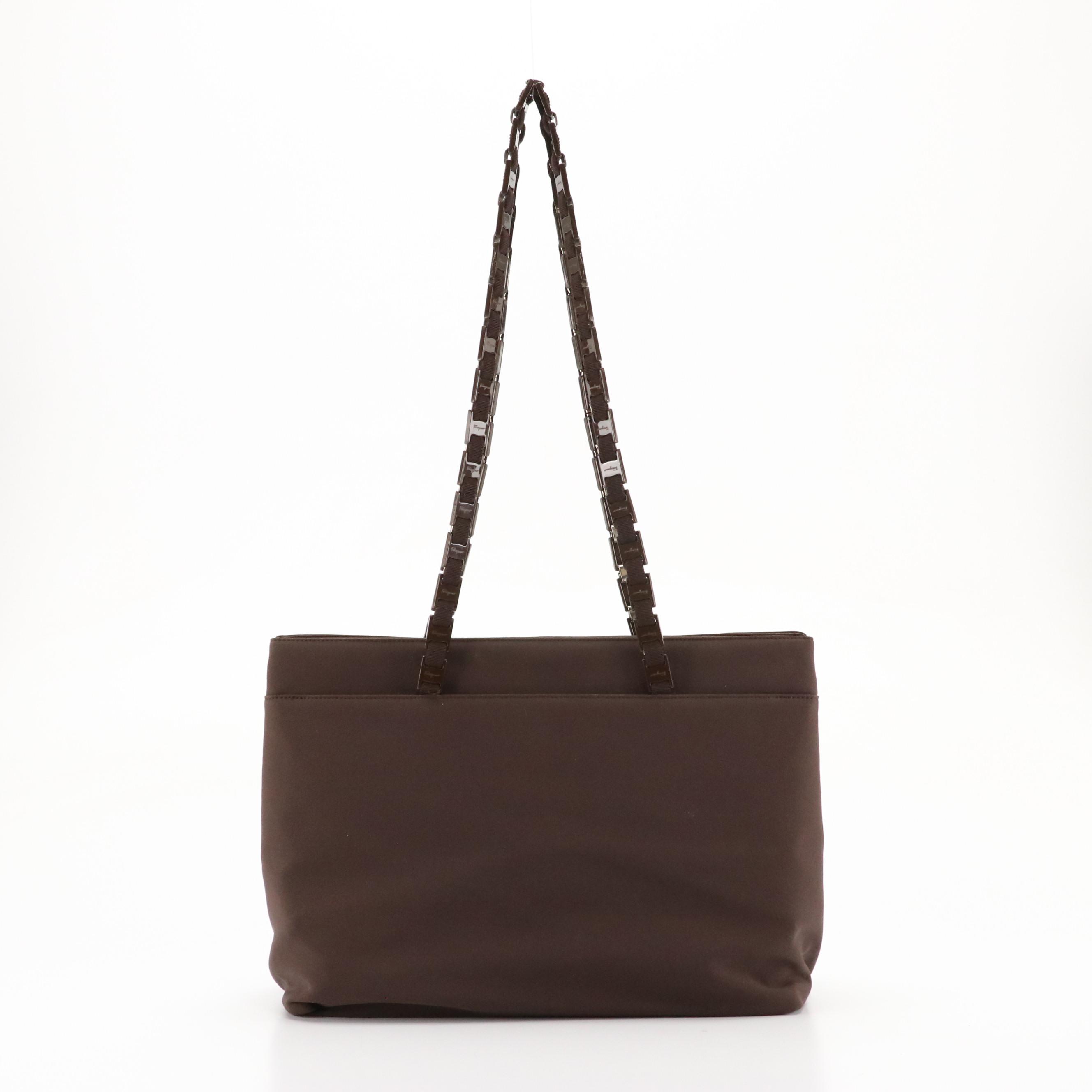 Salvatore Ferragamo Shoulder Bag in Brown Textile with Interwoven Link Straps