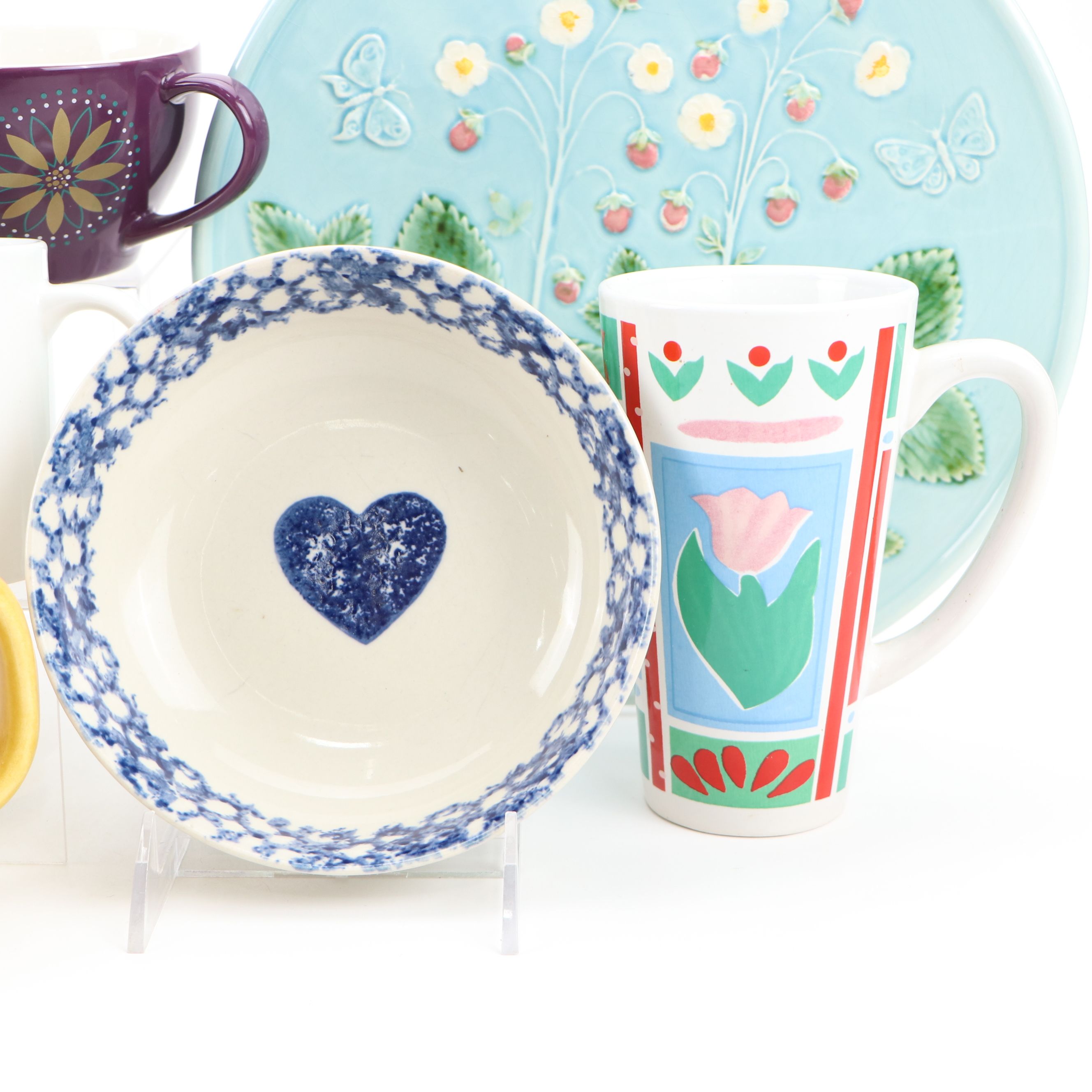 Zell German Majolica Plate with Spongeware Bowl and Other Mugs