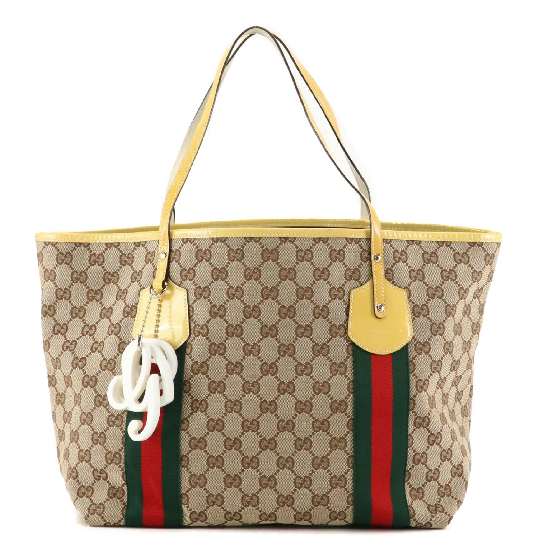 Gucci Jolie Web Tote Bag in GG Canvas and Yellow Patent Leather