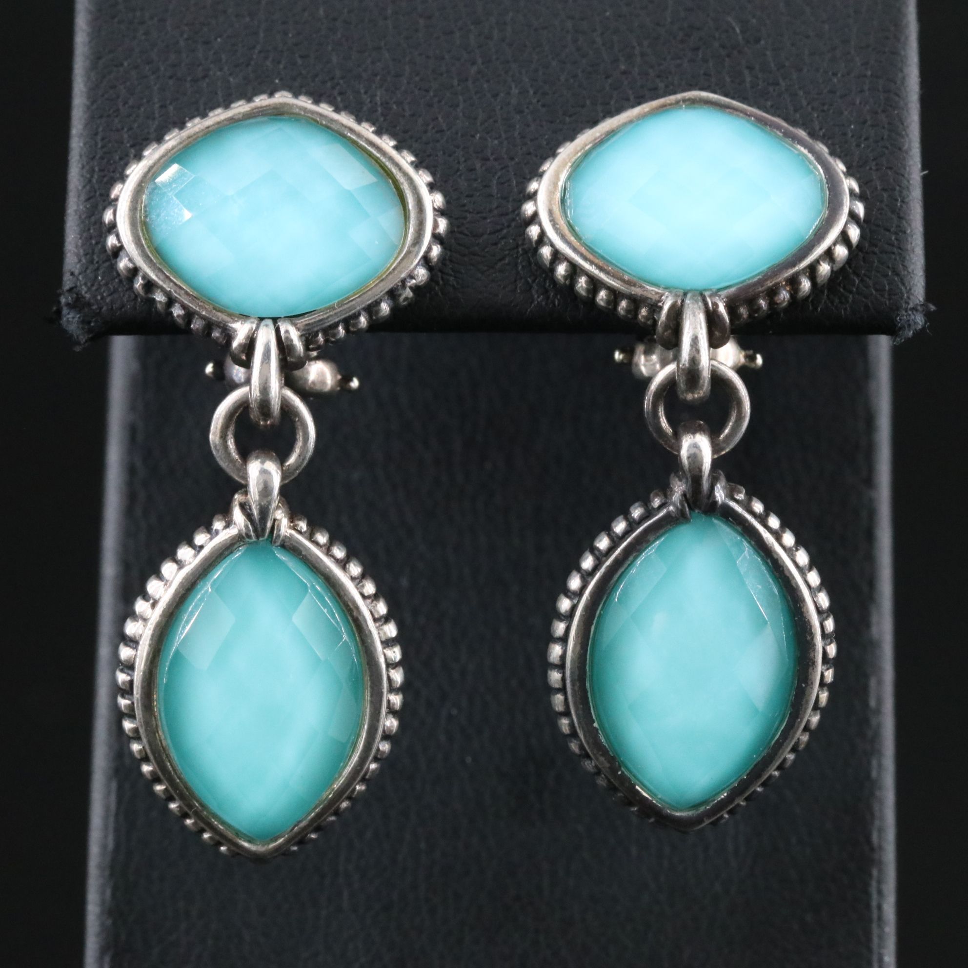 Lagos Caviar Sterling Turquoise and Quartz Navette Drop Earrings