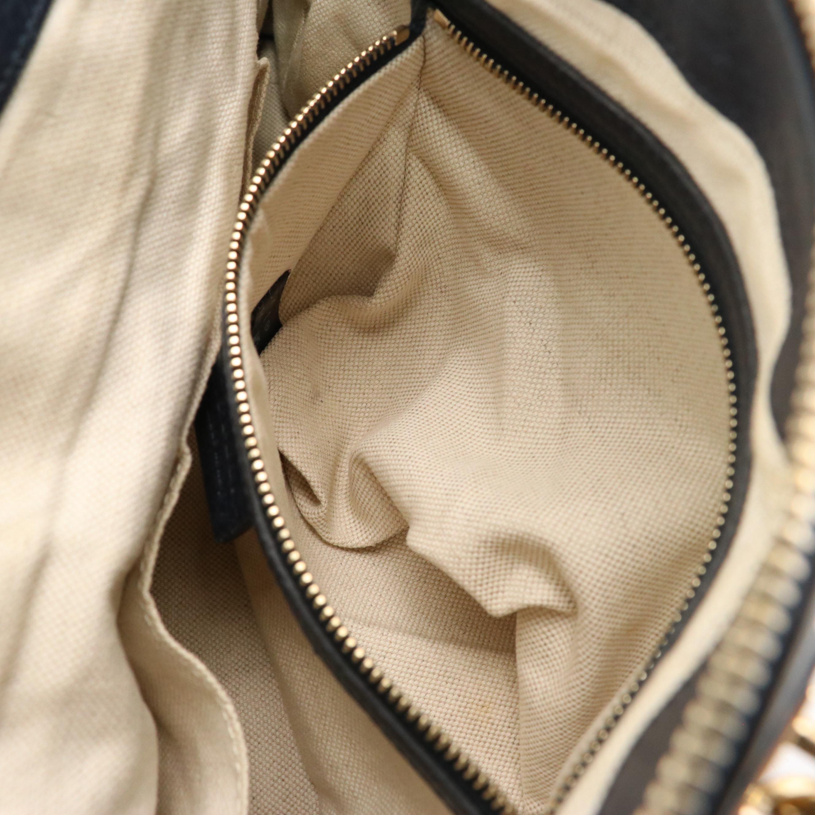 Gucci Bella Two-Way Bag in Navy Pebbled Calfskin Leather with Bamboo Tassels