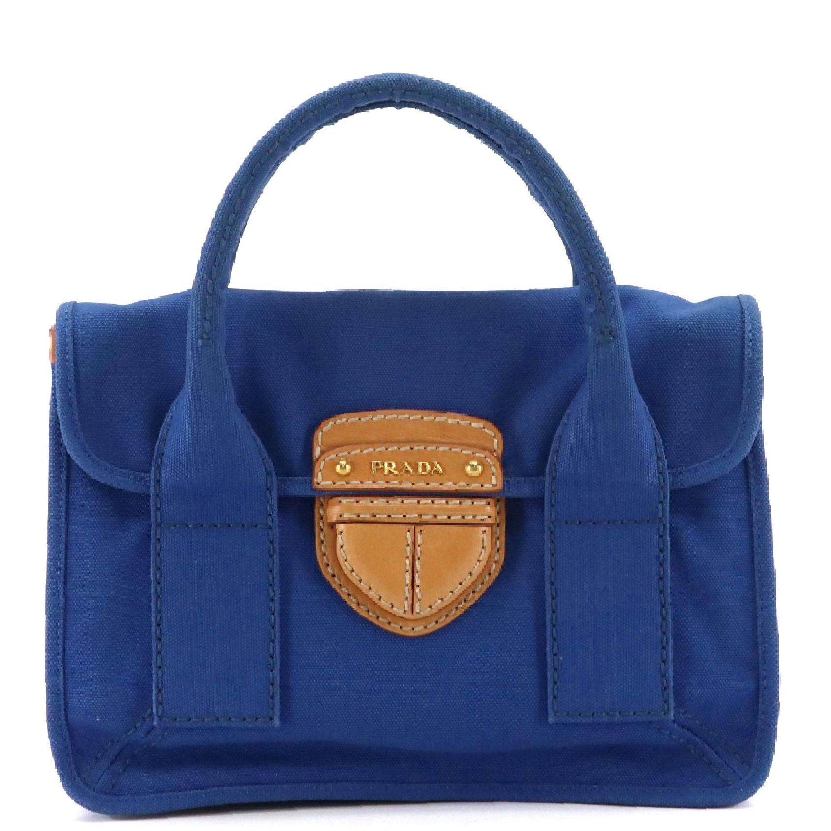 Prada Flap-Front Handbag in Cobalt Blue Canapa Canvas with Leather Trim