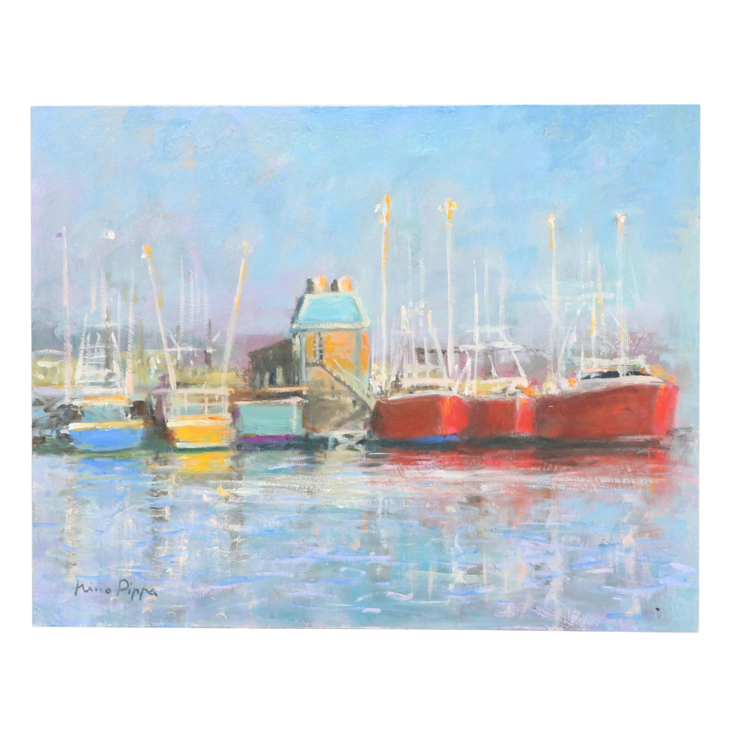 Nino Pippa Harbor Scene Oil Painting "North Carolina Fishing Boats," 2022