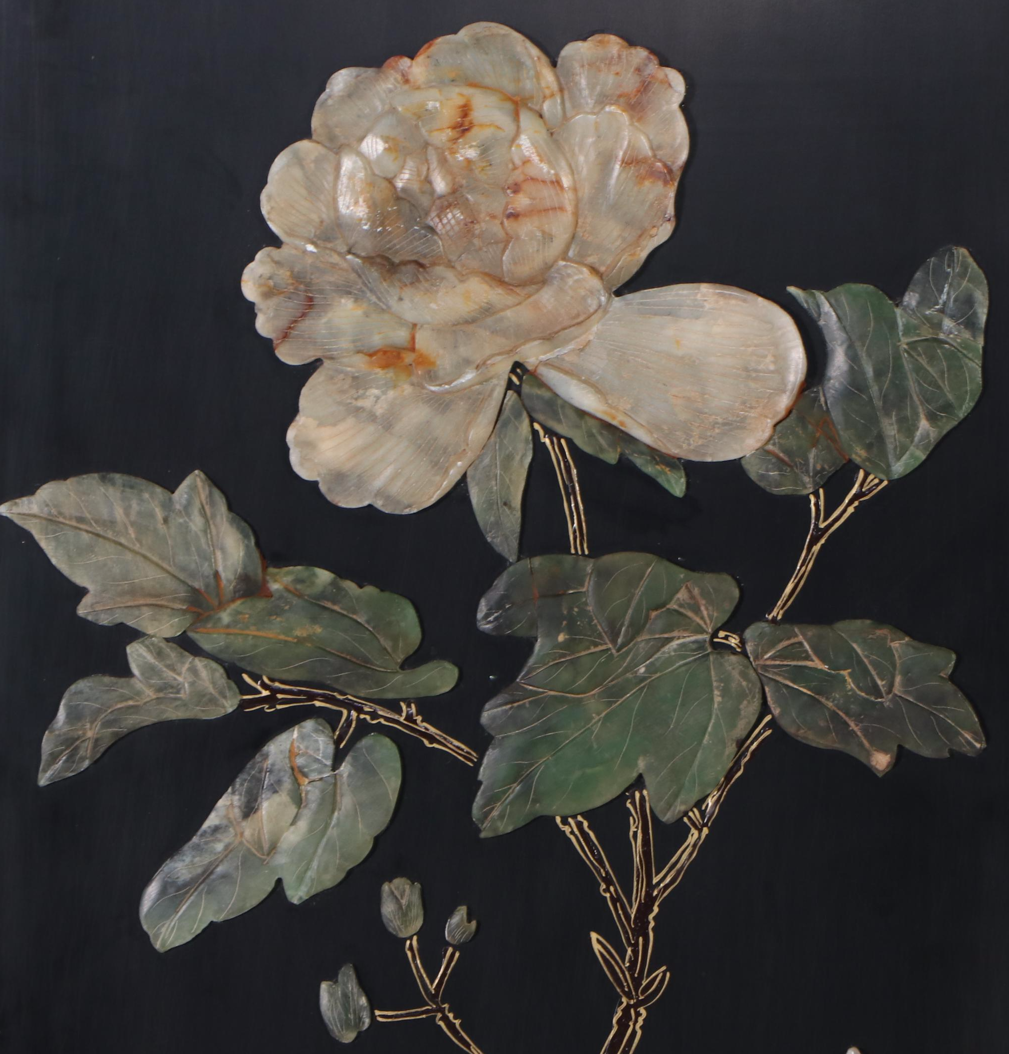 Jinlong Chinese Black Lacquer and Stone Room Screen, Late 20th Century