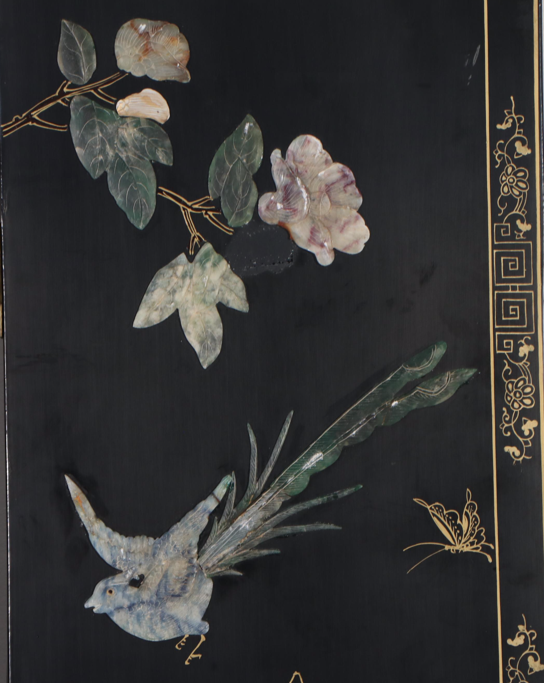 Jinlong Chinese Black Lacquer and Stone Room Screen, Late 20th Century