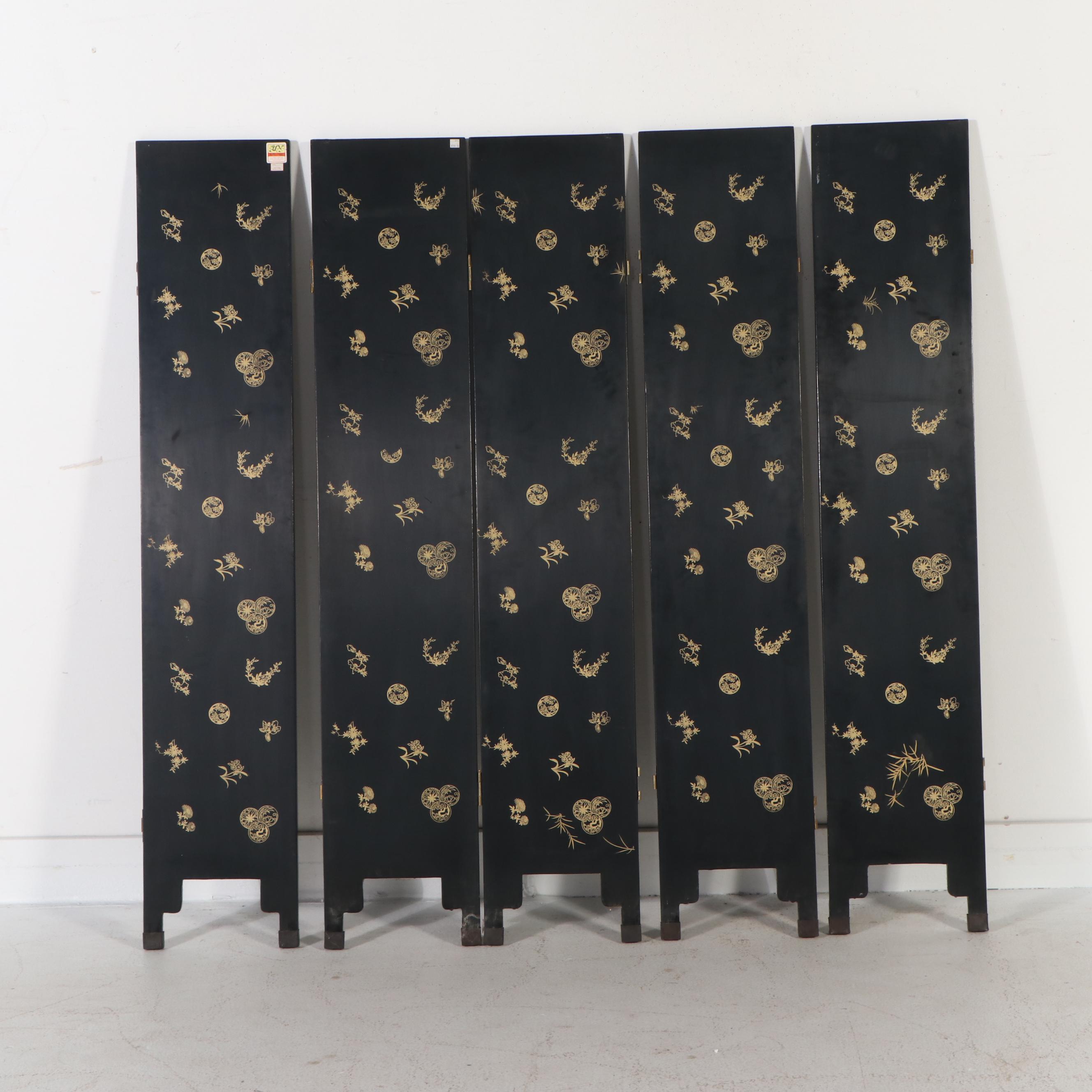 Jinlong Chinese Black Lacquer and Stone Room Screen, Late 20th Century