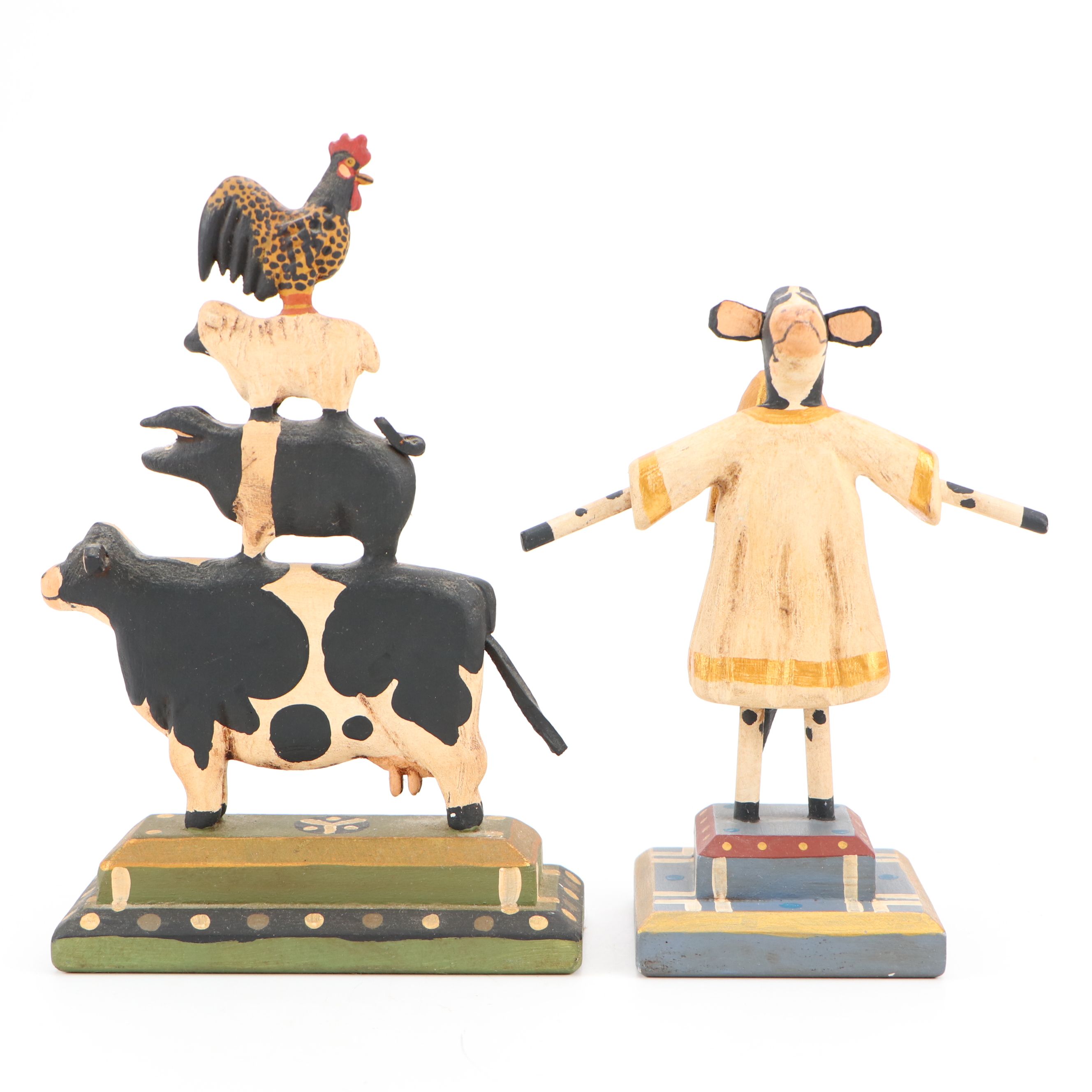 G. Voyzey Hand-Carved Folk Art Style Wooden Cow Figures