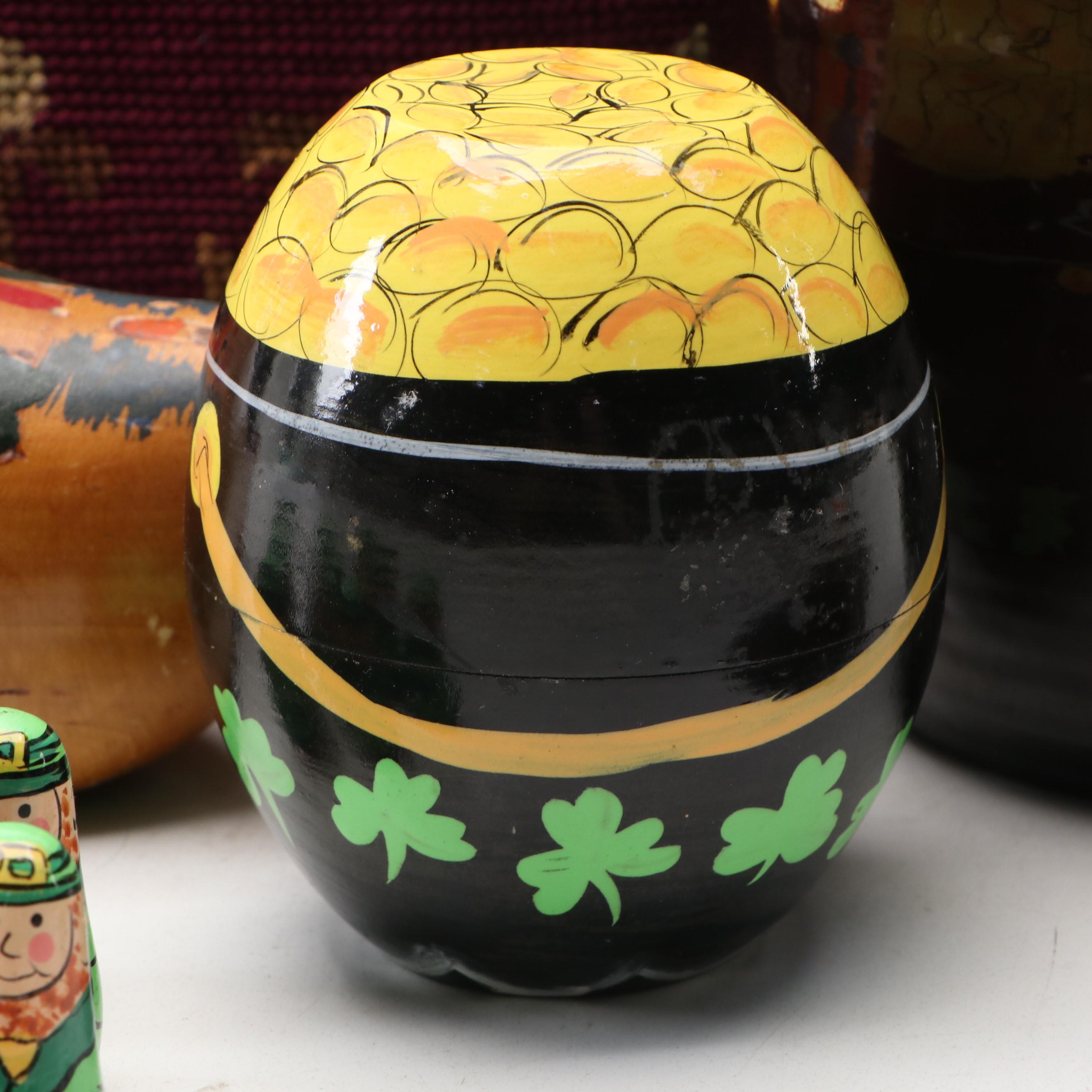 Studio Pottery Earthenware Pitcher with Floral Needlepoint Pillow and Wood Décor