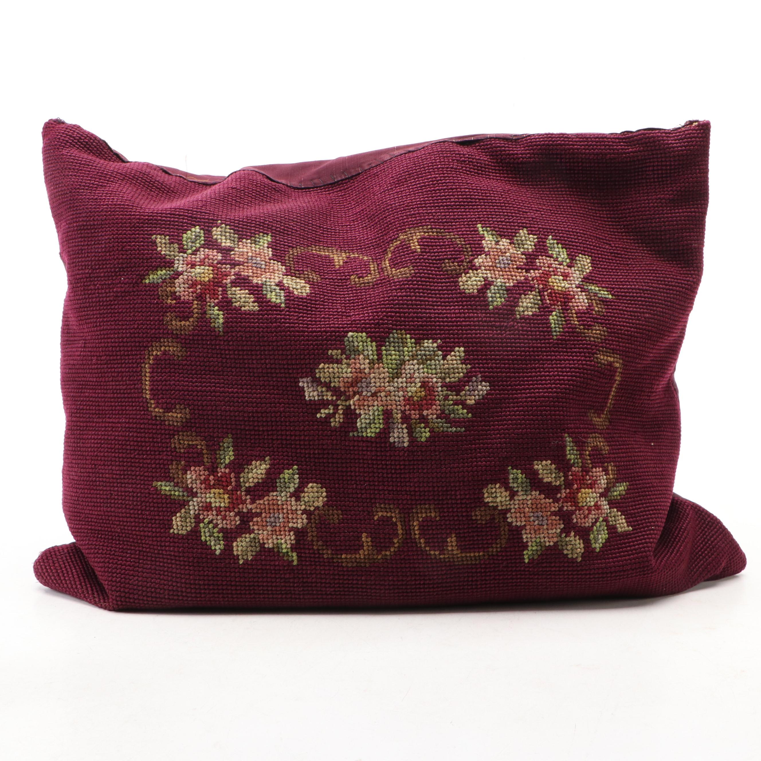 Studio Pottery Earthenware Pitcher with Floral Needlepoint Pillow and Wood Décor