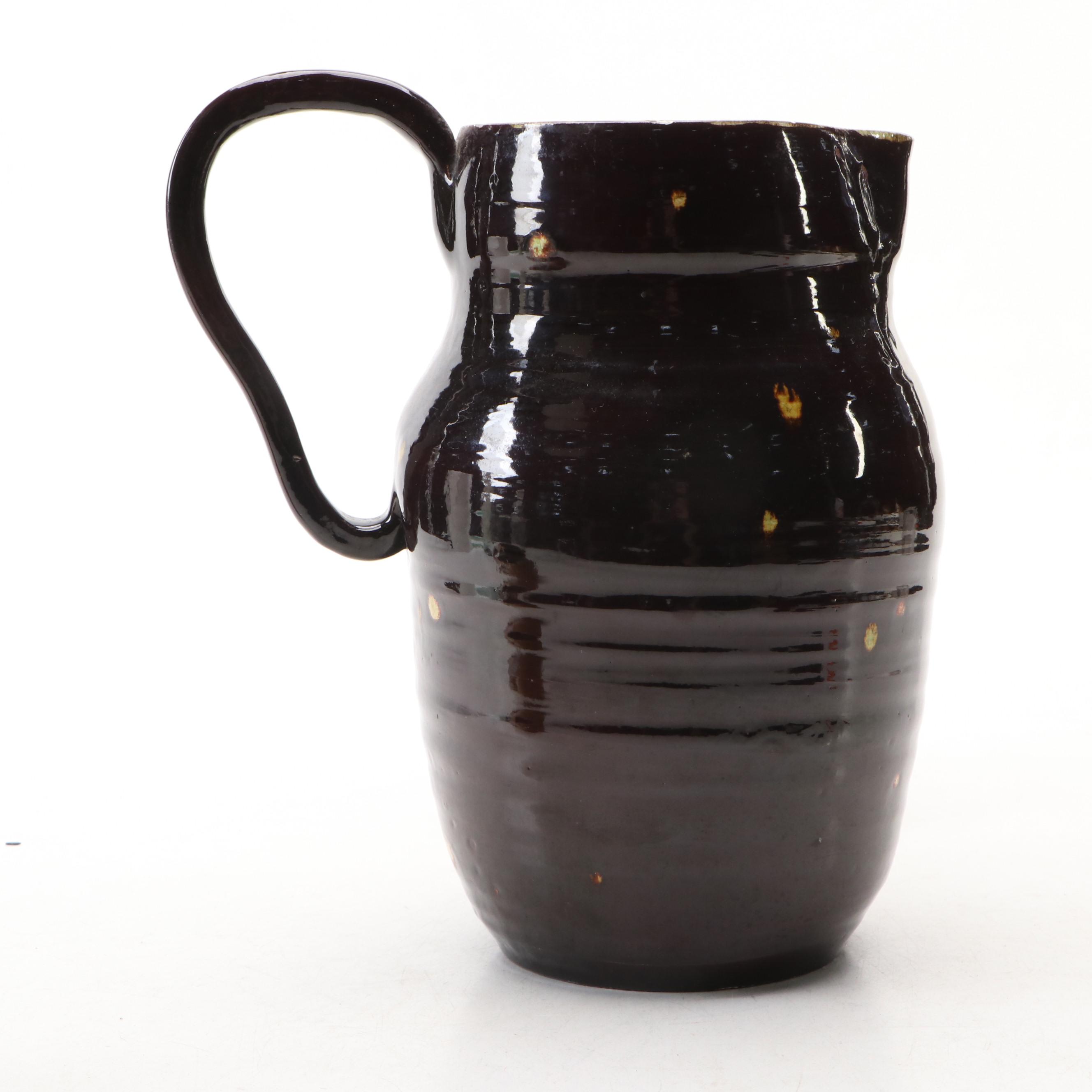 Studio Pottery Earthenware Pitcher with Floral Needlepoint Pillow and Wood Décor