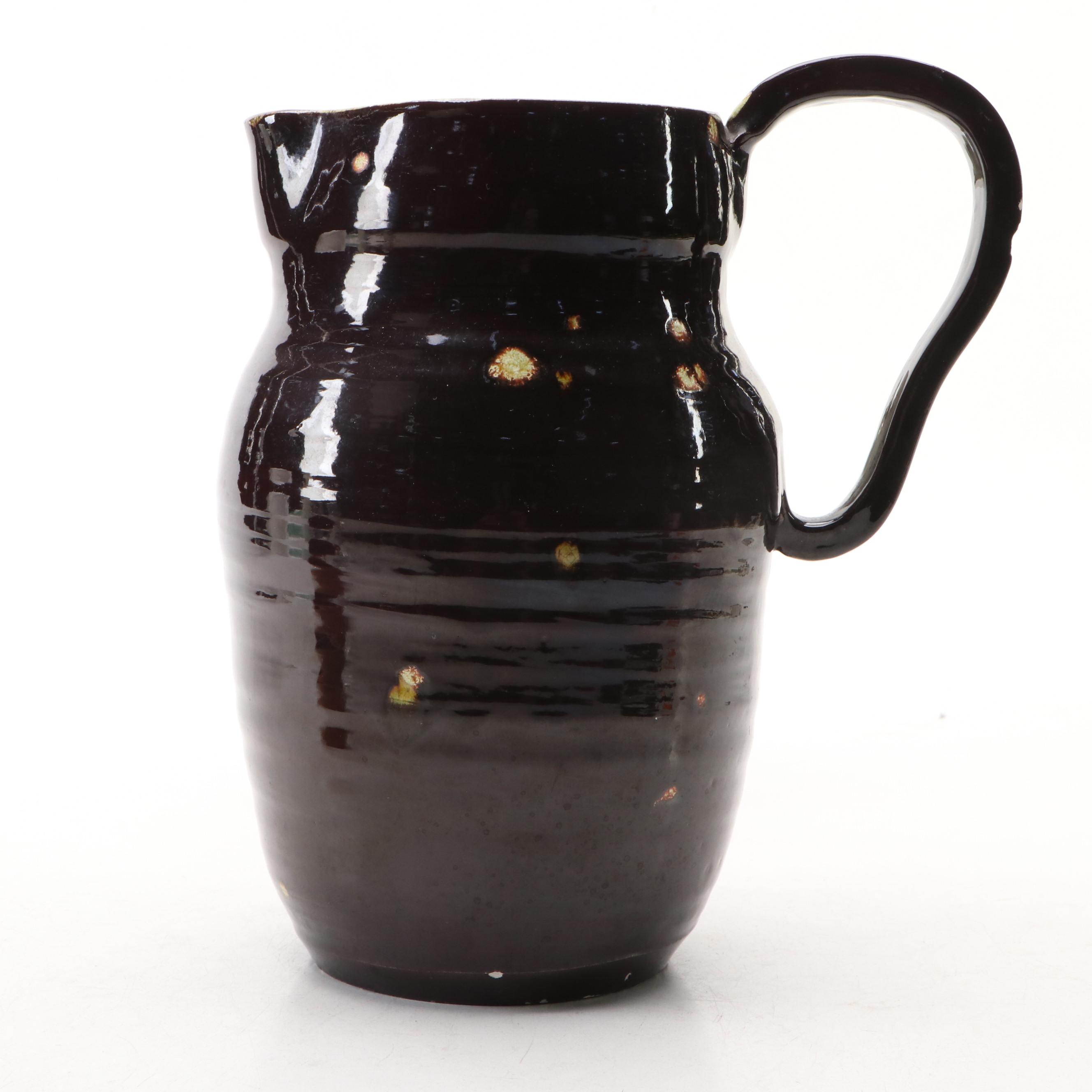 Studio Pottery Earthenware Pitcher with Floral Needlepoint Pillow and Wood Décor