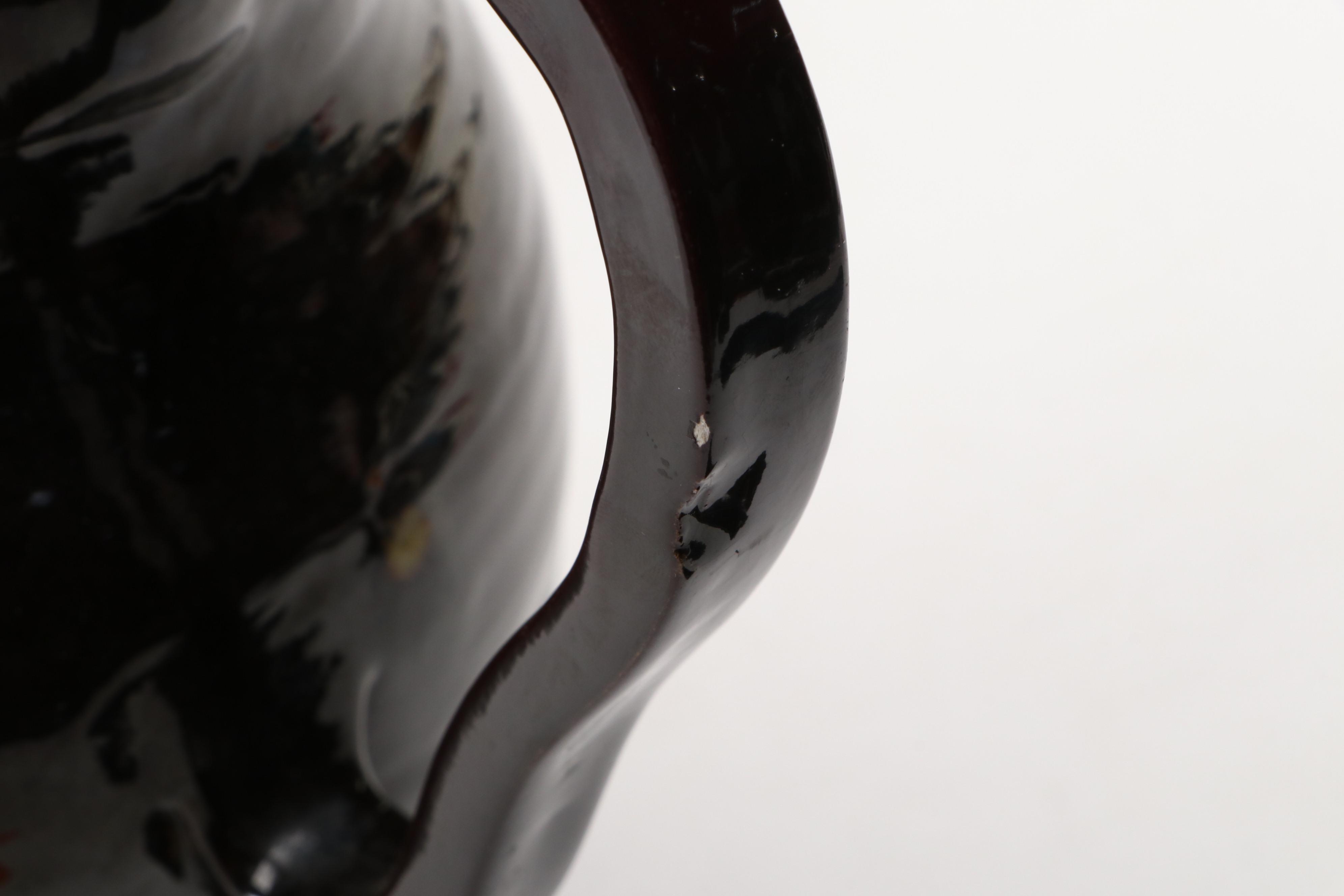 Studio Pottery Earthenware Pitcher with Floral Needlepoint Pillow and Wood Décor