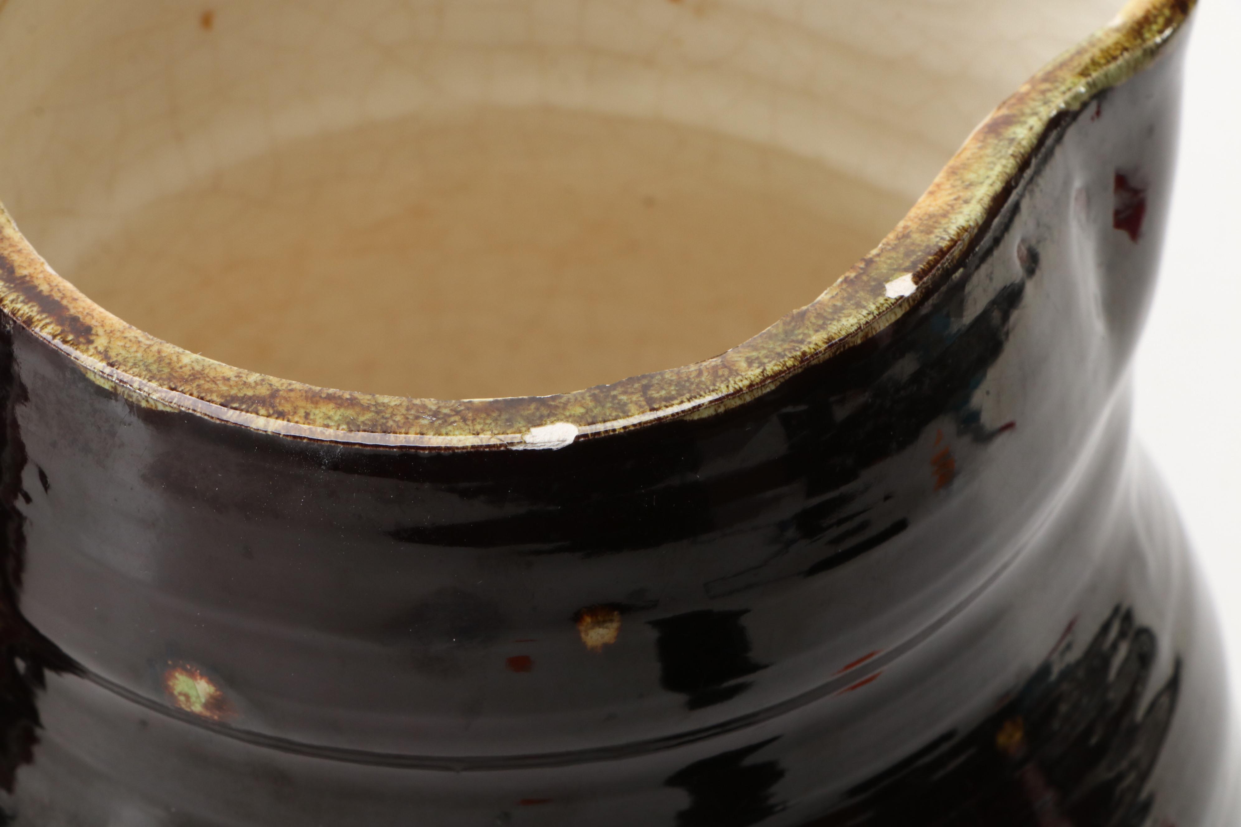 Studio Pottery Earthenware Pitcher with Floral Needlepoint Pillow and Wood Décor