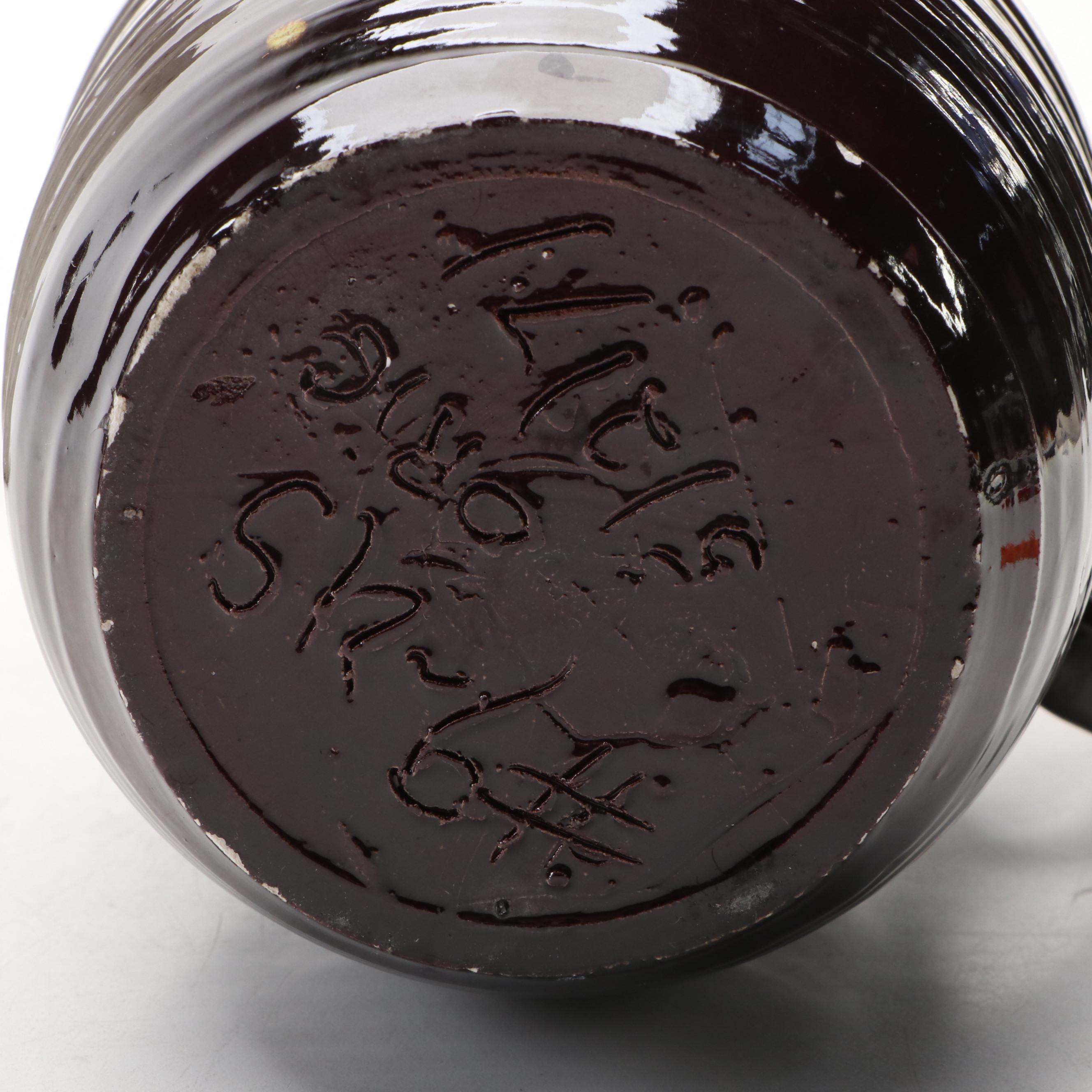 Studio Pottery Earthenware Pitcher with Floral Needlepoint Pillow and Wood Décor