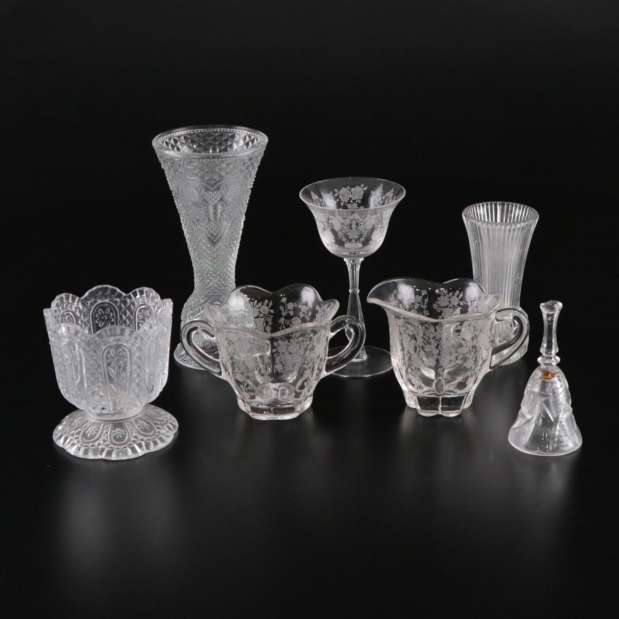 Glassware with Avon, Cambridge "Rose Point" and Tiffin "Cherokee Rose"