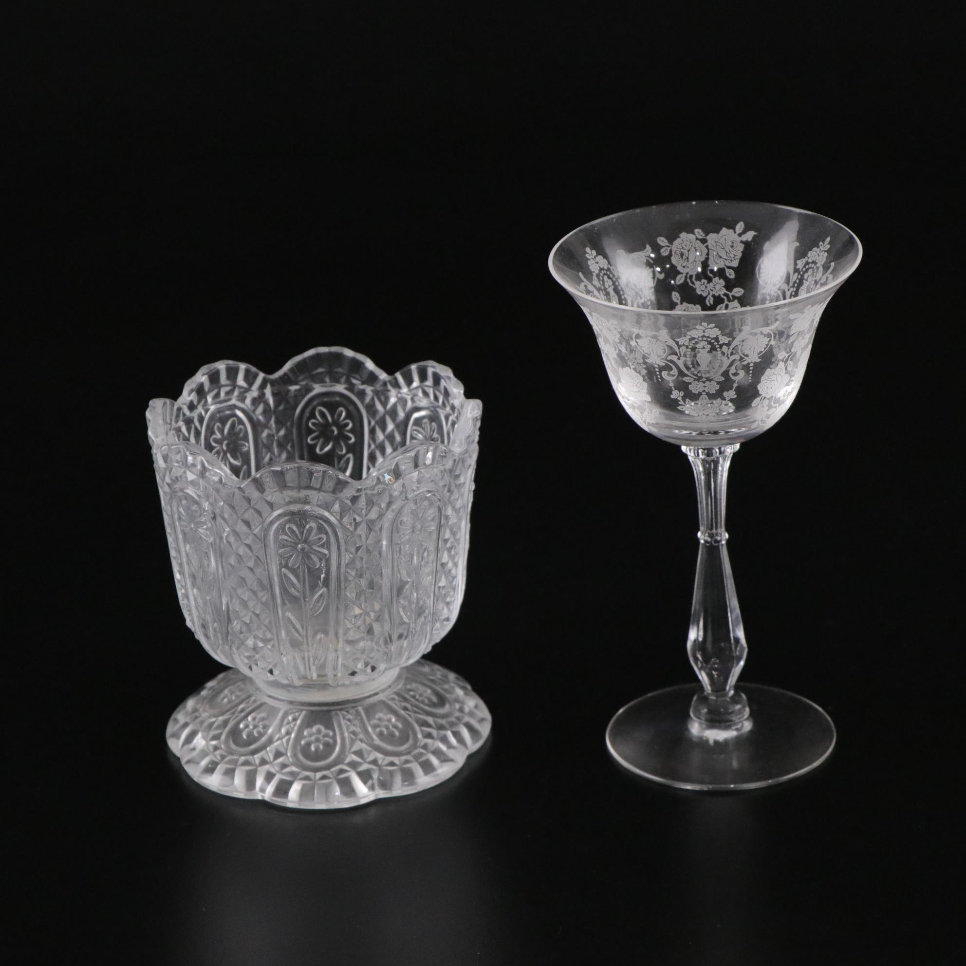 Glassware with Avon, Cambridge "Rose Point" and Tiffin "Cherokee Rose"
