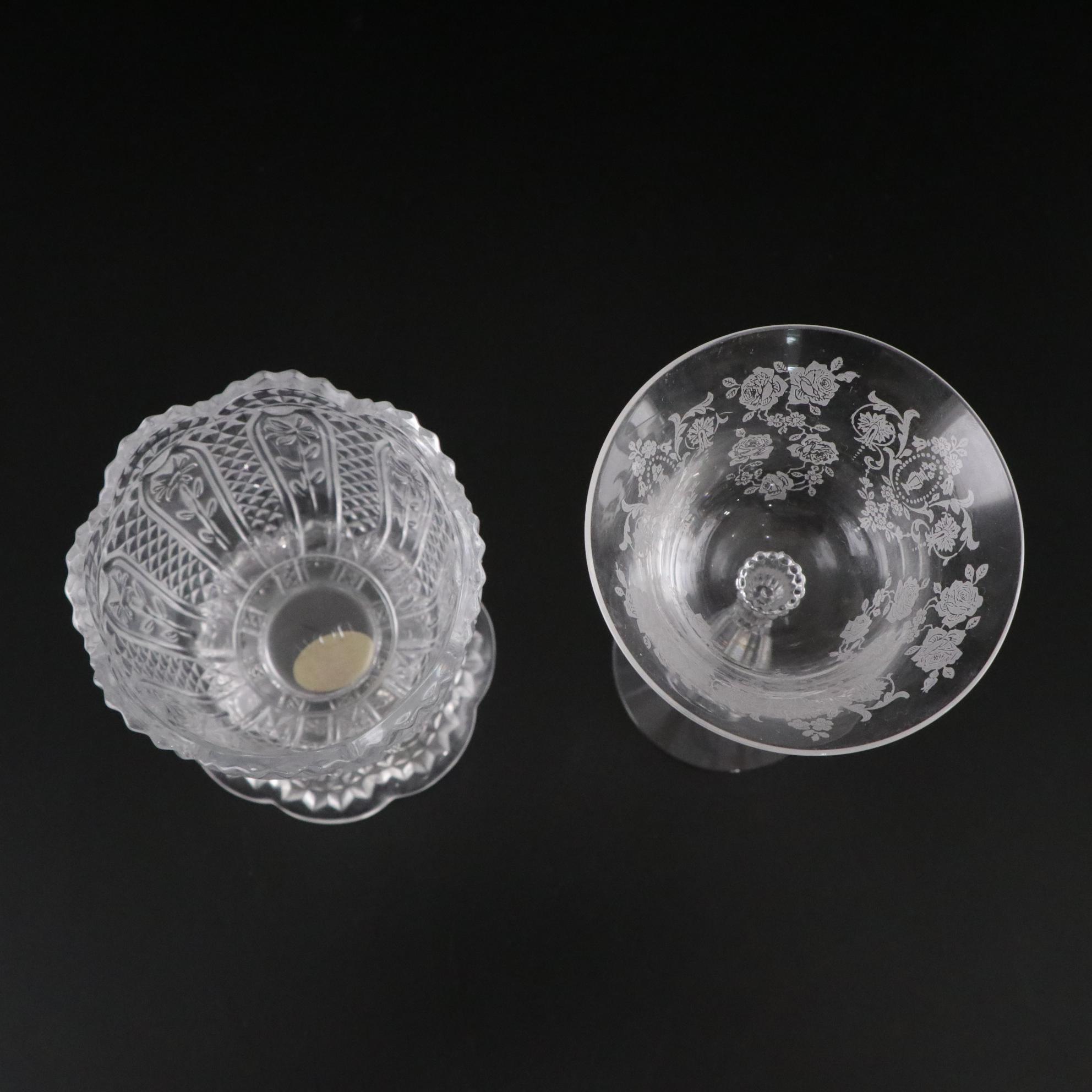 Glassware with Avon, Cambridge "Rose Point" and Tiffin "Cherokee Rose"