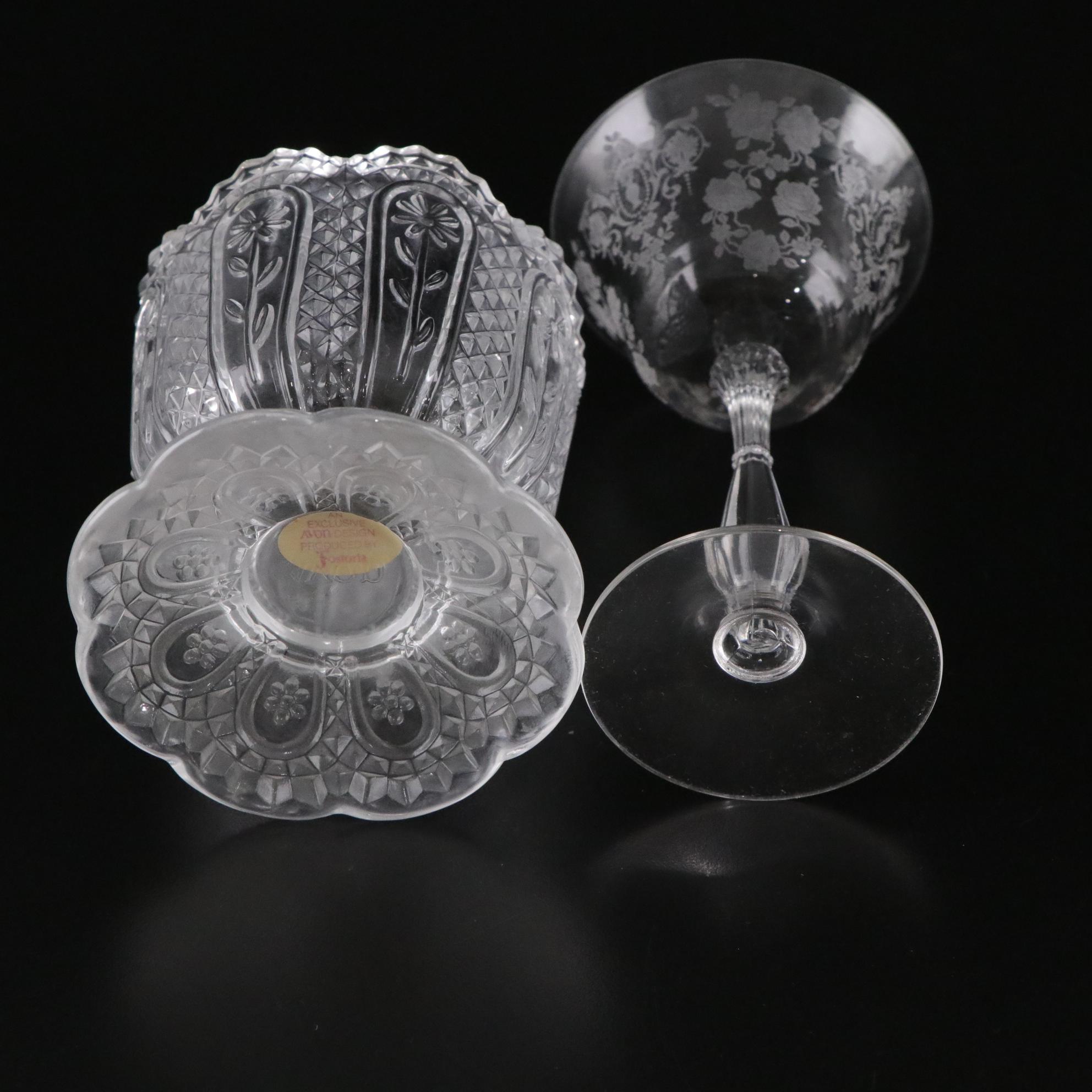 Glassware with Avon, Cambridge "Rose Point" and Tiffin "Cherokee Rose"