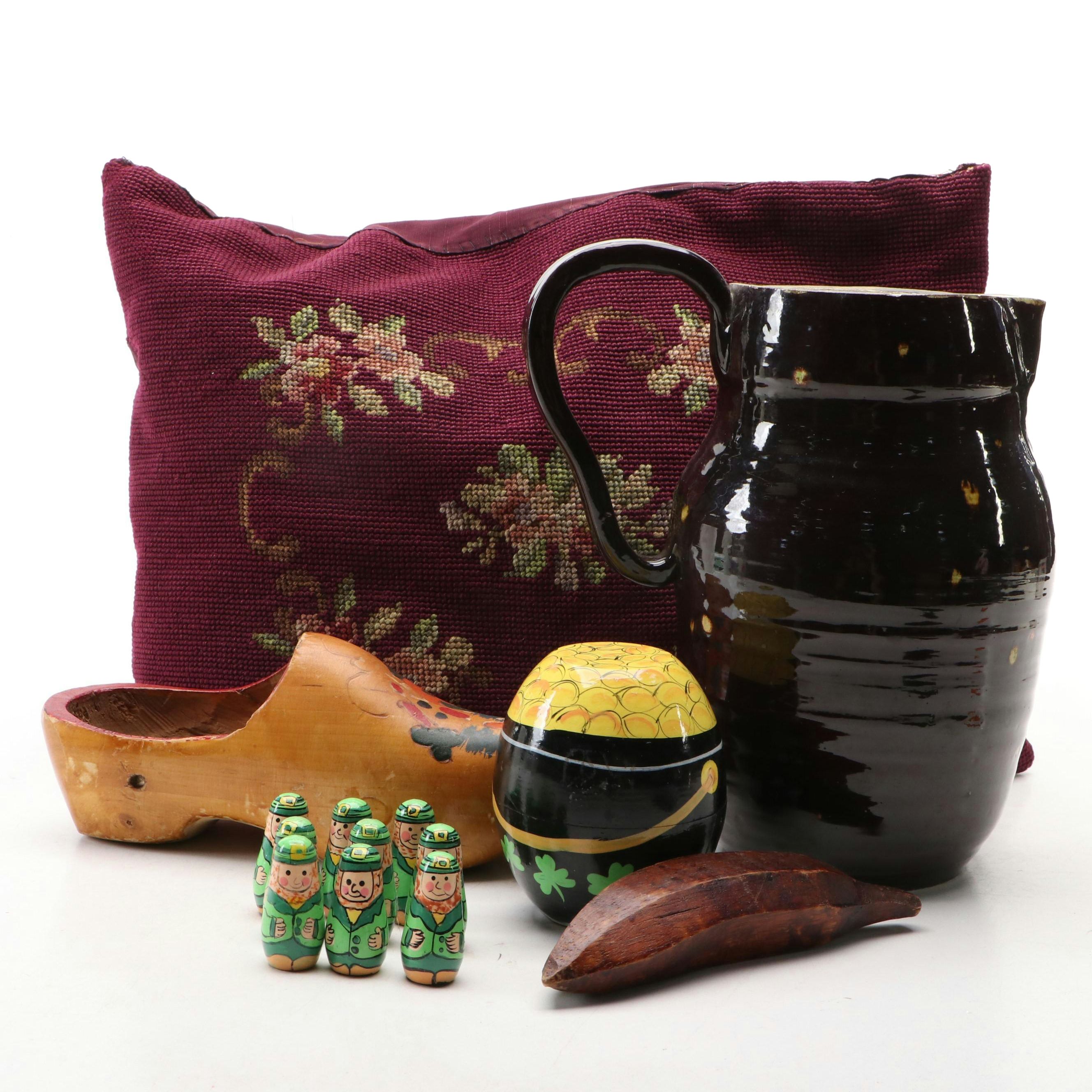Studio Pottery Earthenware Pitcher with Floral Needlepoint Pillow and Wood Décor