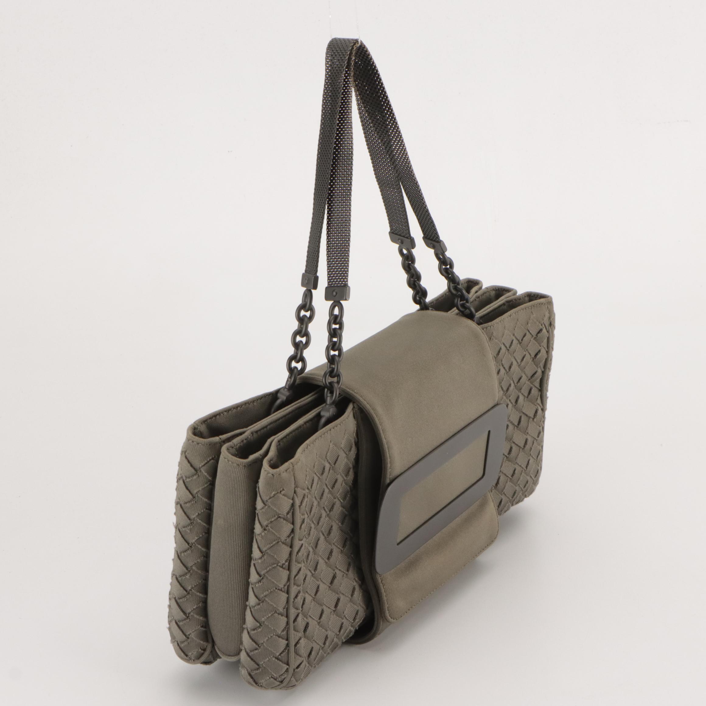 Bottega Veneta Mesh Chain Buckle-Flap Bag in Grey Intrecciato Fabric
