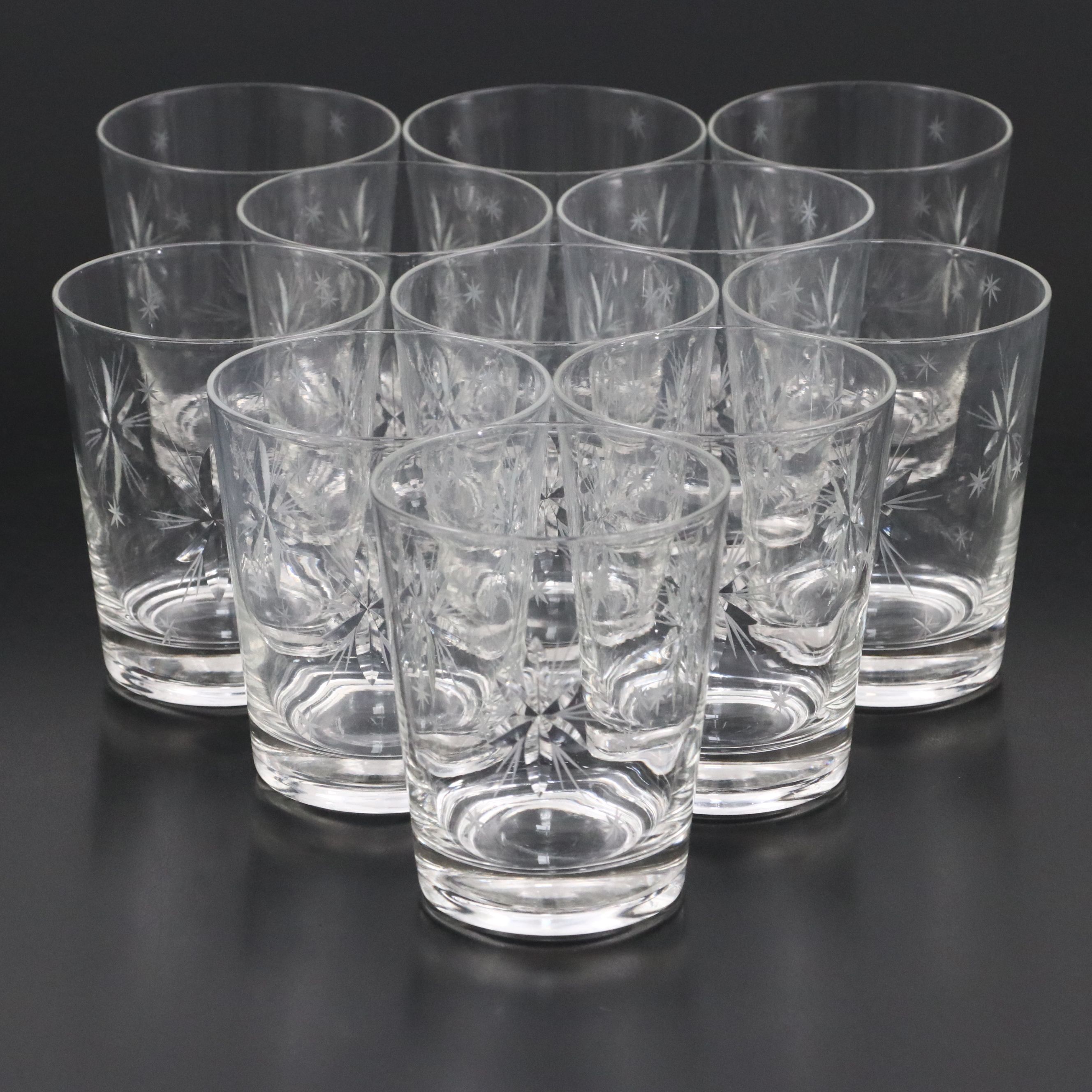 Mid Century Modern Style Cut and Etched Atomic Starburst Cocktail Glasses