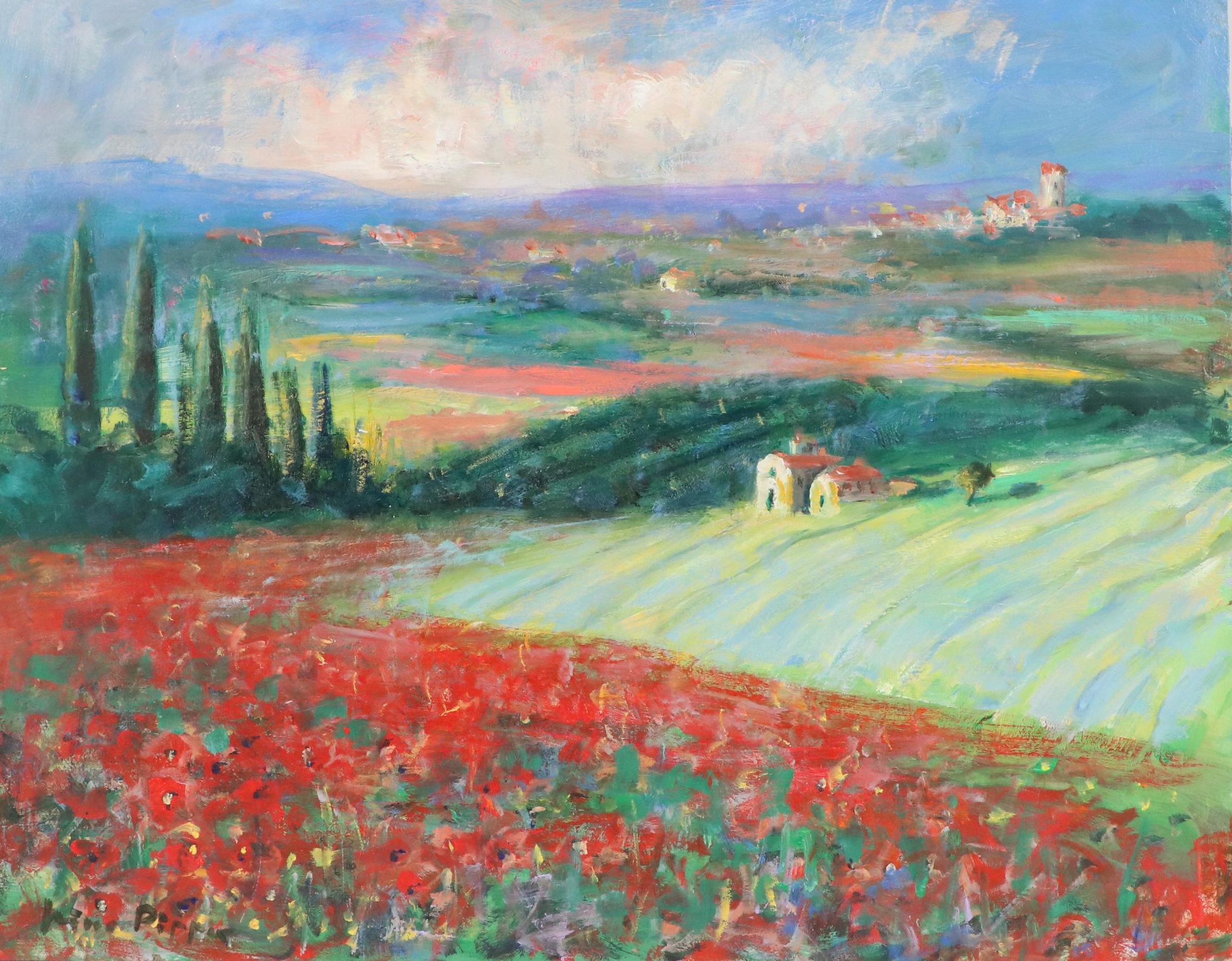 Nino Pippa Oil Painting "Tuscany Landscape with Tulips," 2017