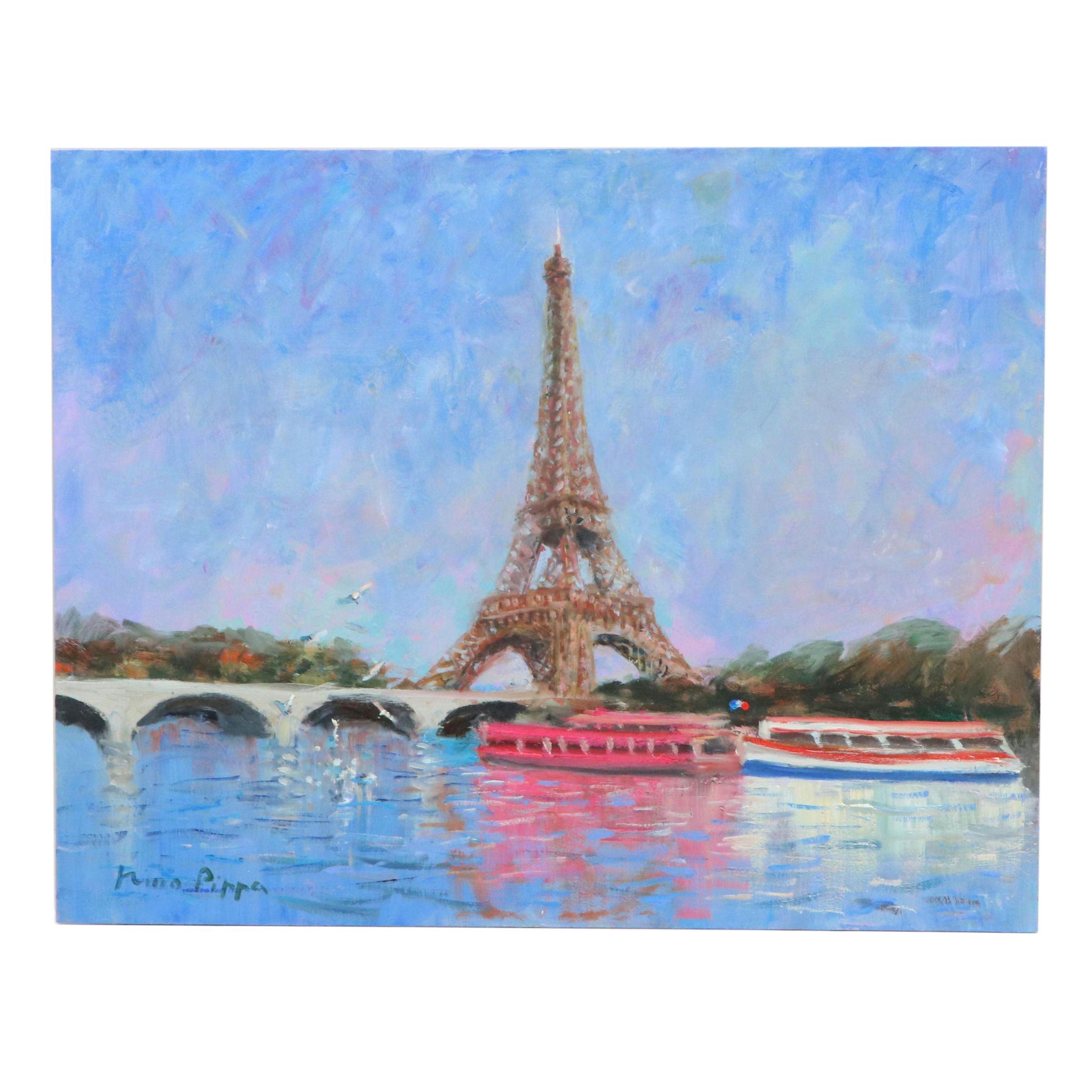 Nino Pippa Cityscape Oil Painting "Paris Seagulls on the Seine," 2018