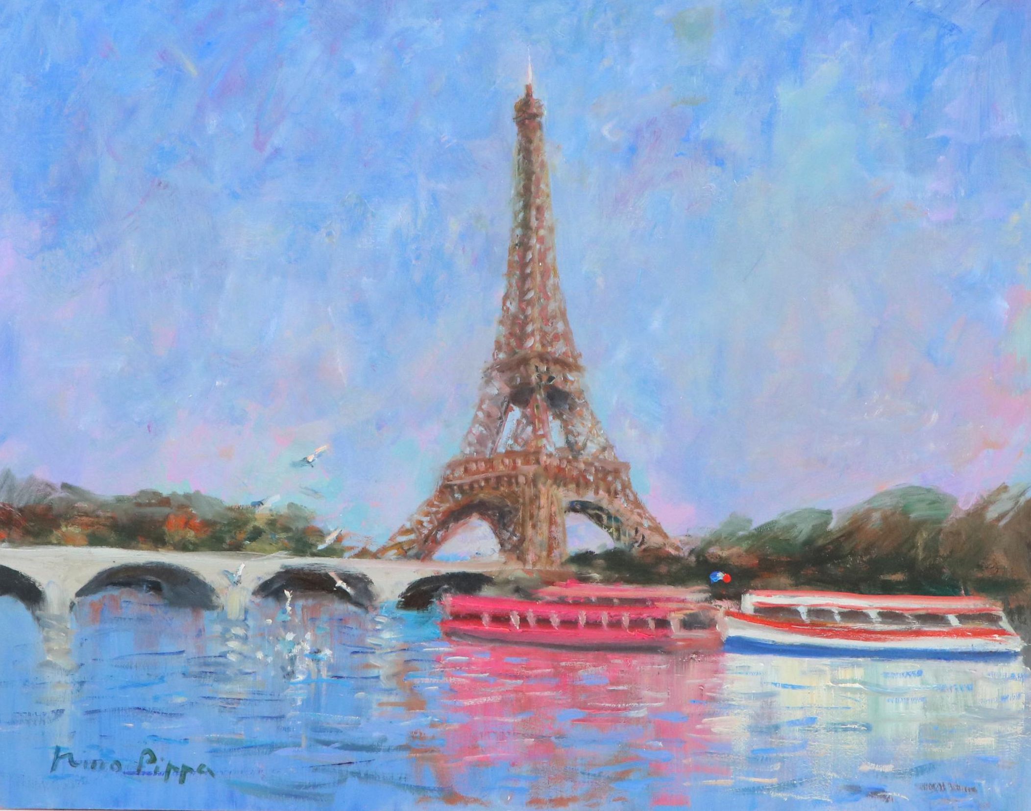 Nino Pippa Cityscape Oil Painting "Paris Seagulls on the Seine," 2018