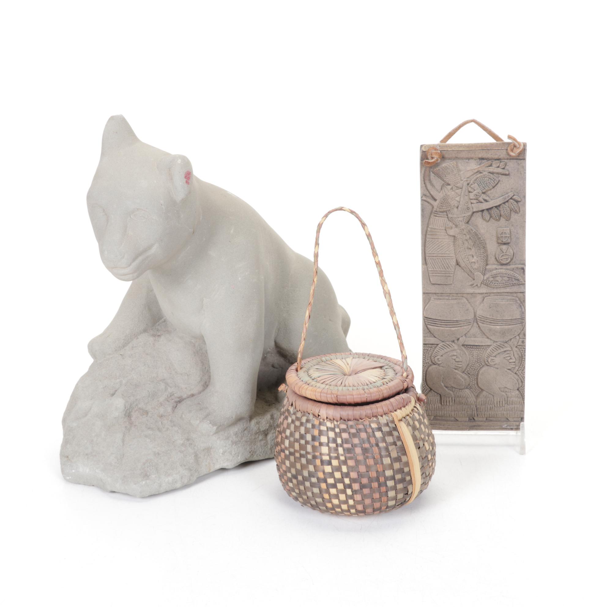 African Woven Rattan Basket, Wall Plaque & Dog Statue
