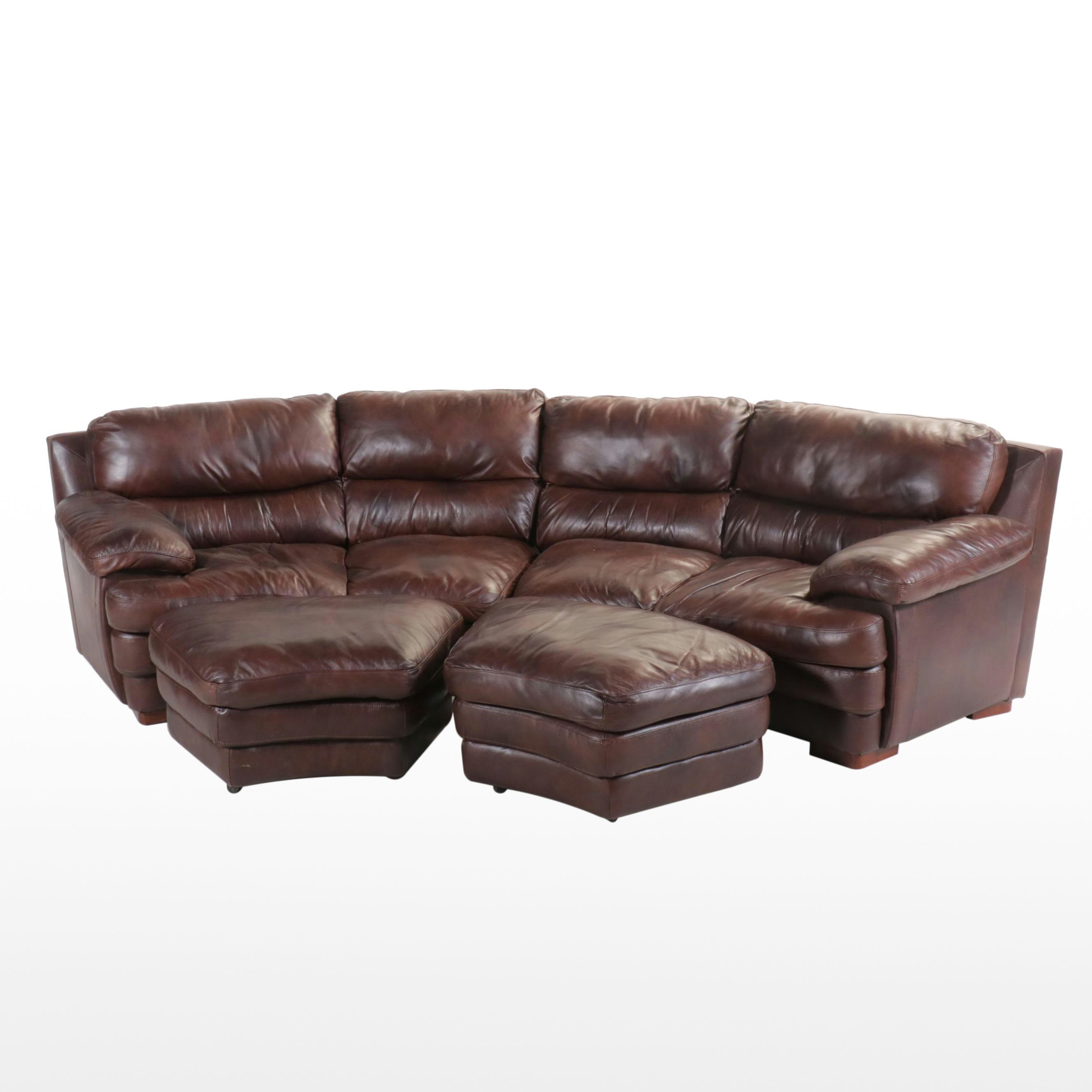 Curved Leather Sectional Sofa with Two Ottomans, 21st Century