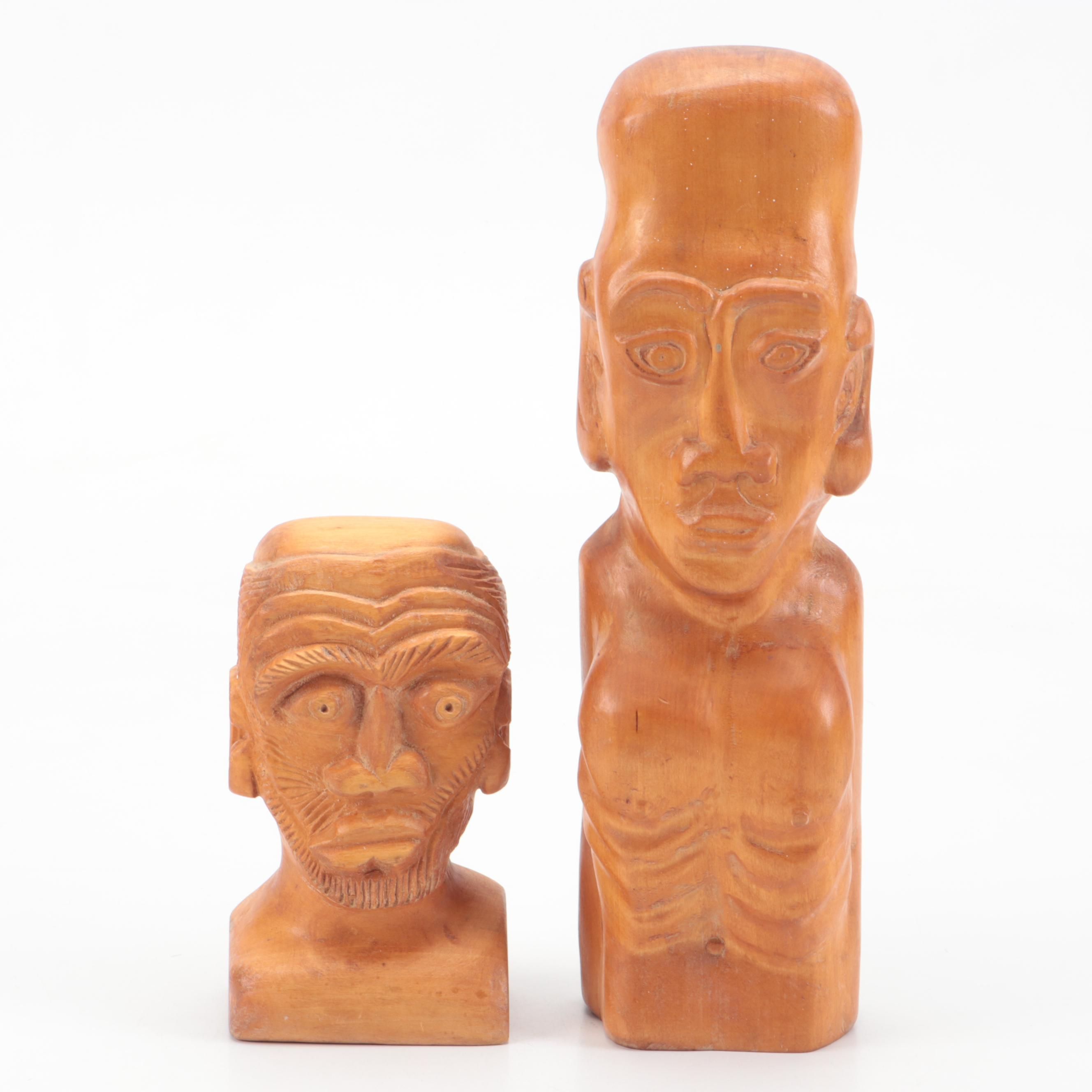 D.K. McNeal Signed Folk Art Style Hand-Carved Wood Busts