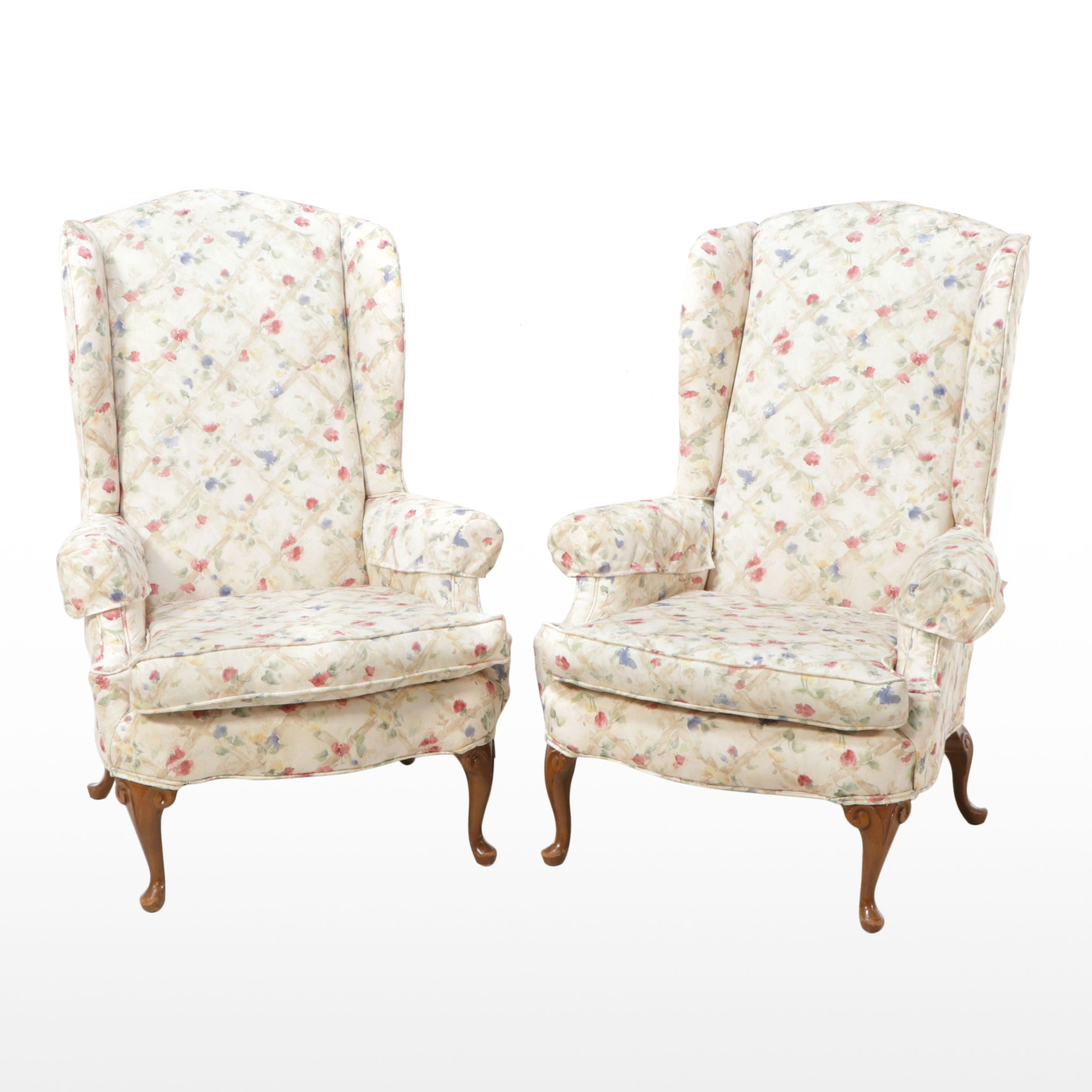 Pair of Queen Anne Style Upholstered Wingback Armchairs