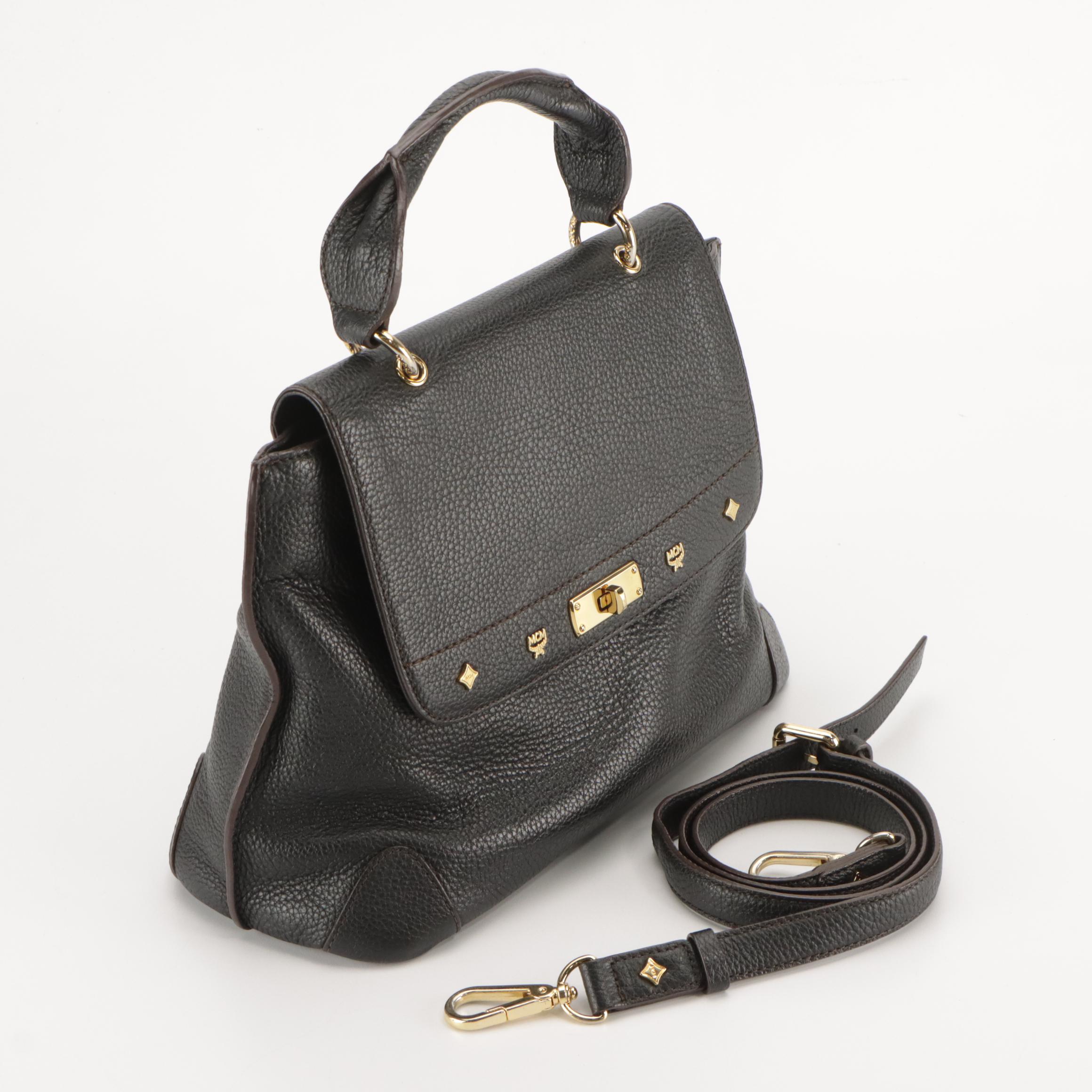 MCM Logo Studs Two-Way Front Flap Bag in Black Grained Leather