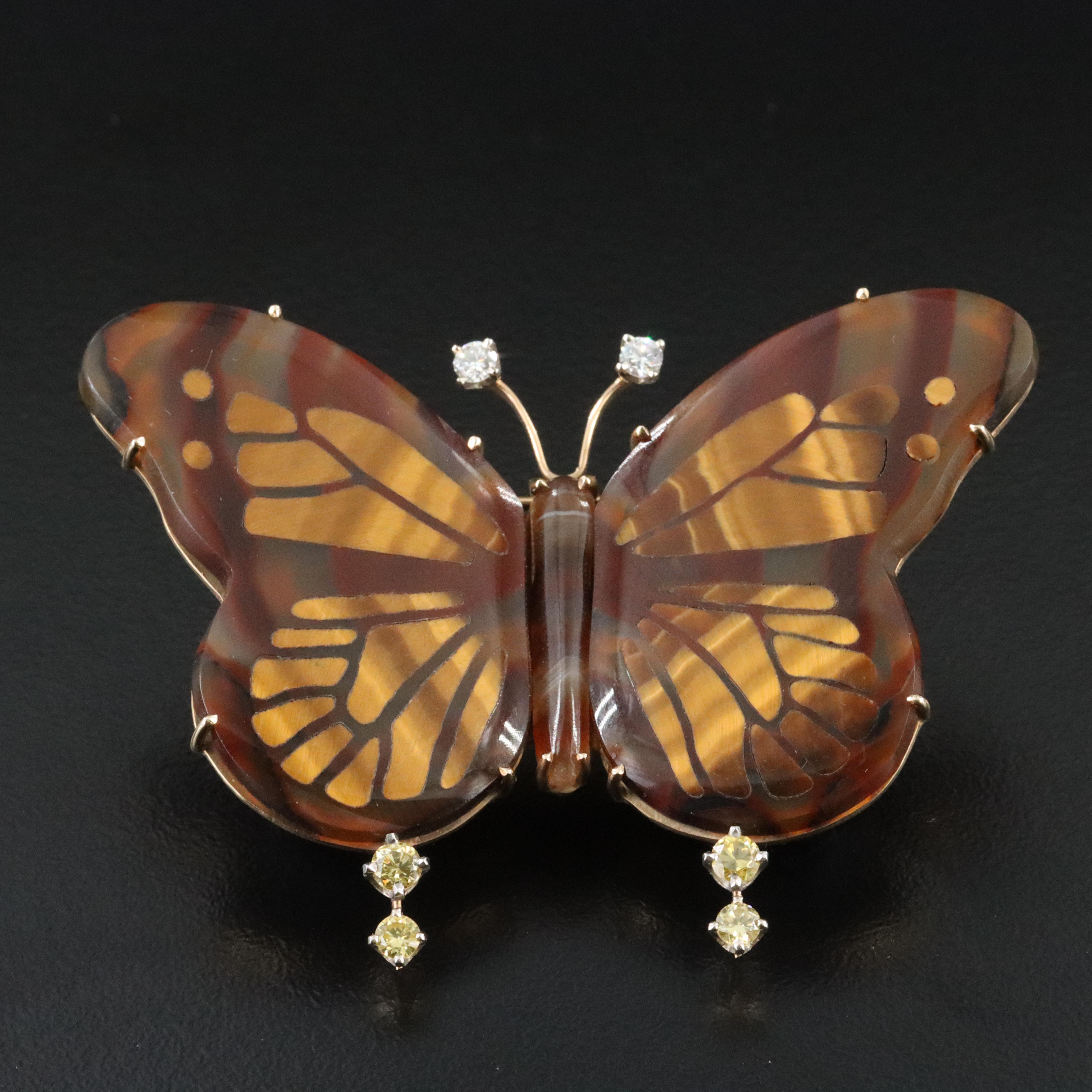 14K Agate with Tiger's Eye Inlay and Lab Grown Diamond Butterfly Brooch