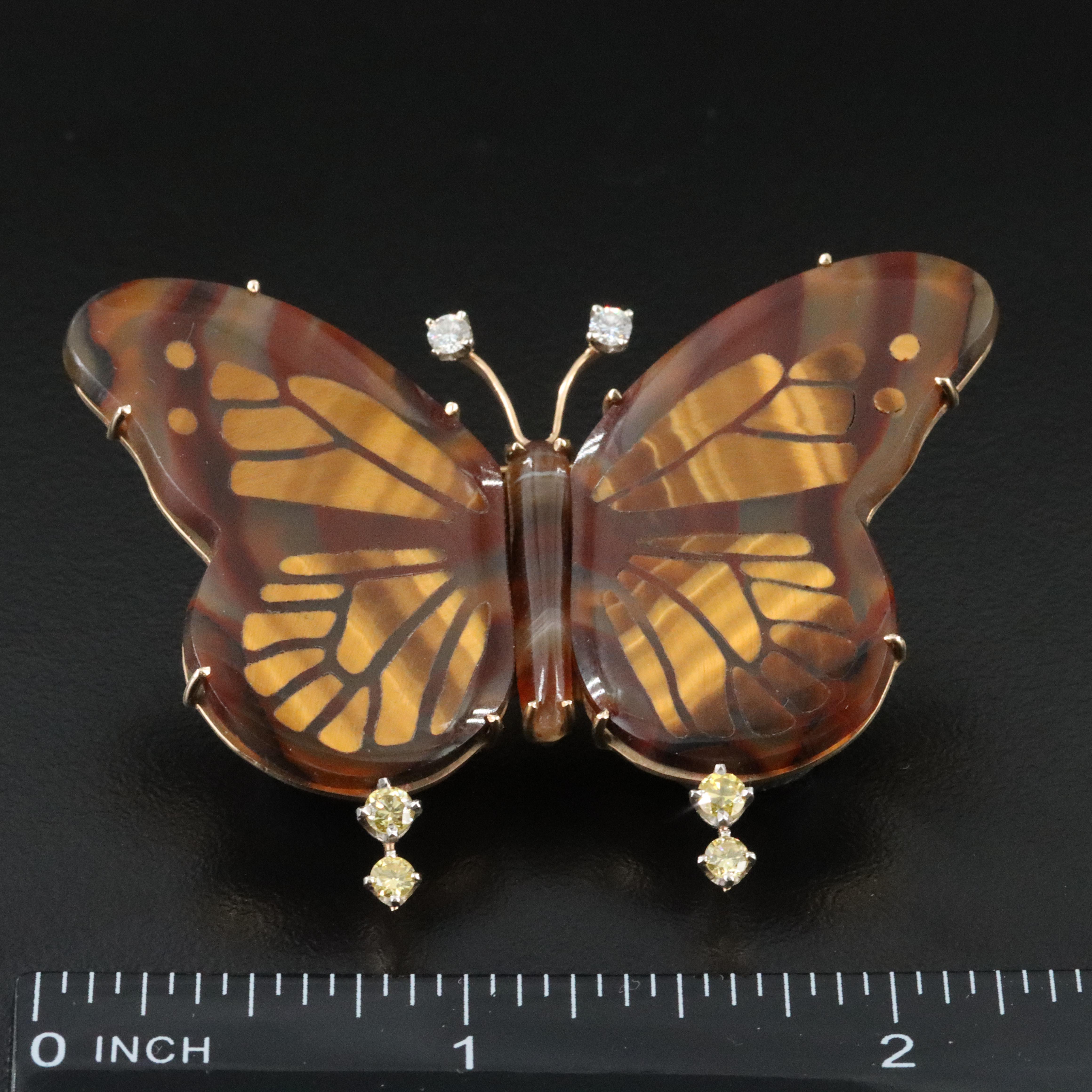 14K Agate with Tiger's Eye Inlay and Lab Grown Diamond Butterfly Brooch