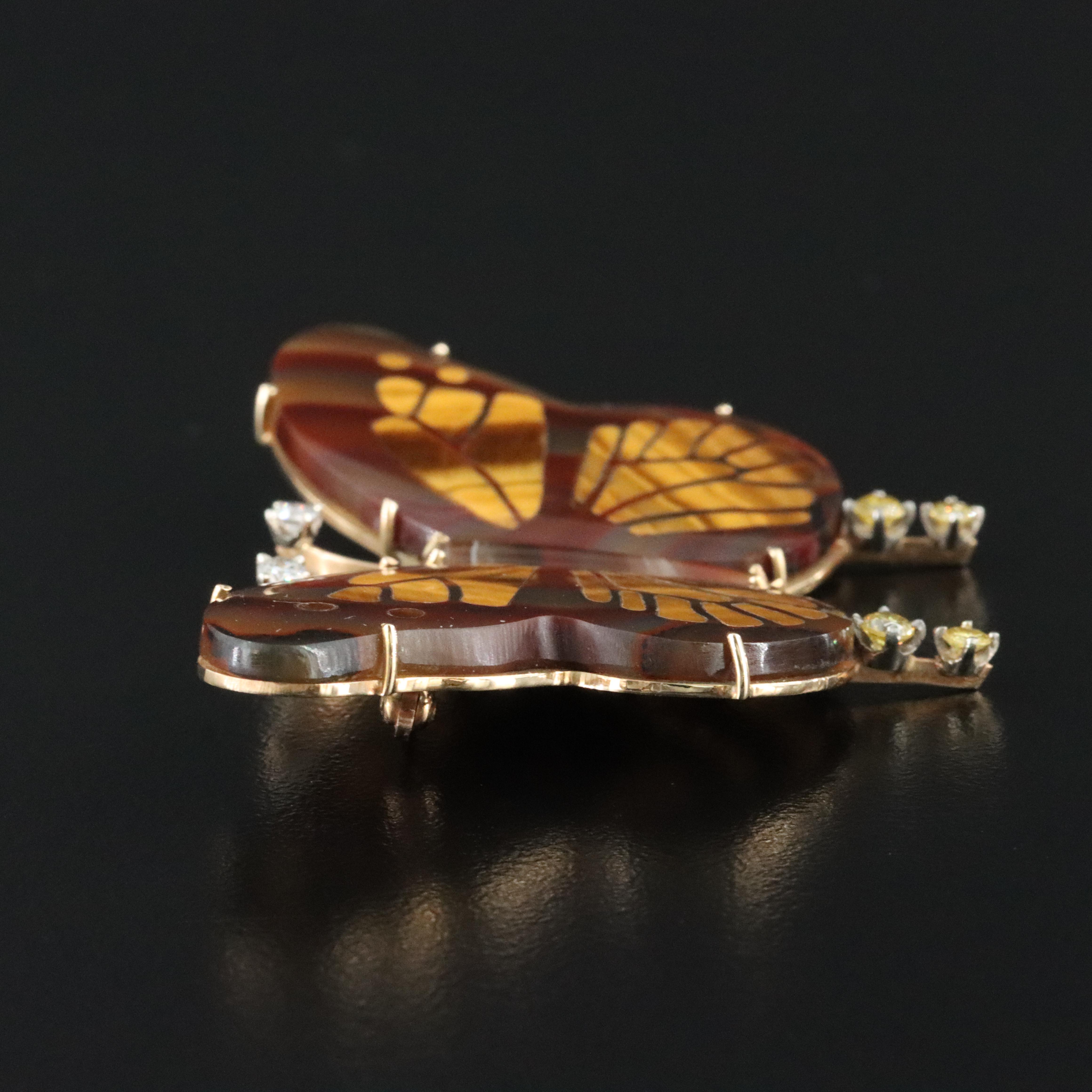 14K Agate with Tiger's Eye Inlay and Lab Grown Diamond Butterfly Brooch