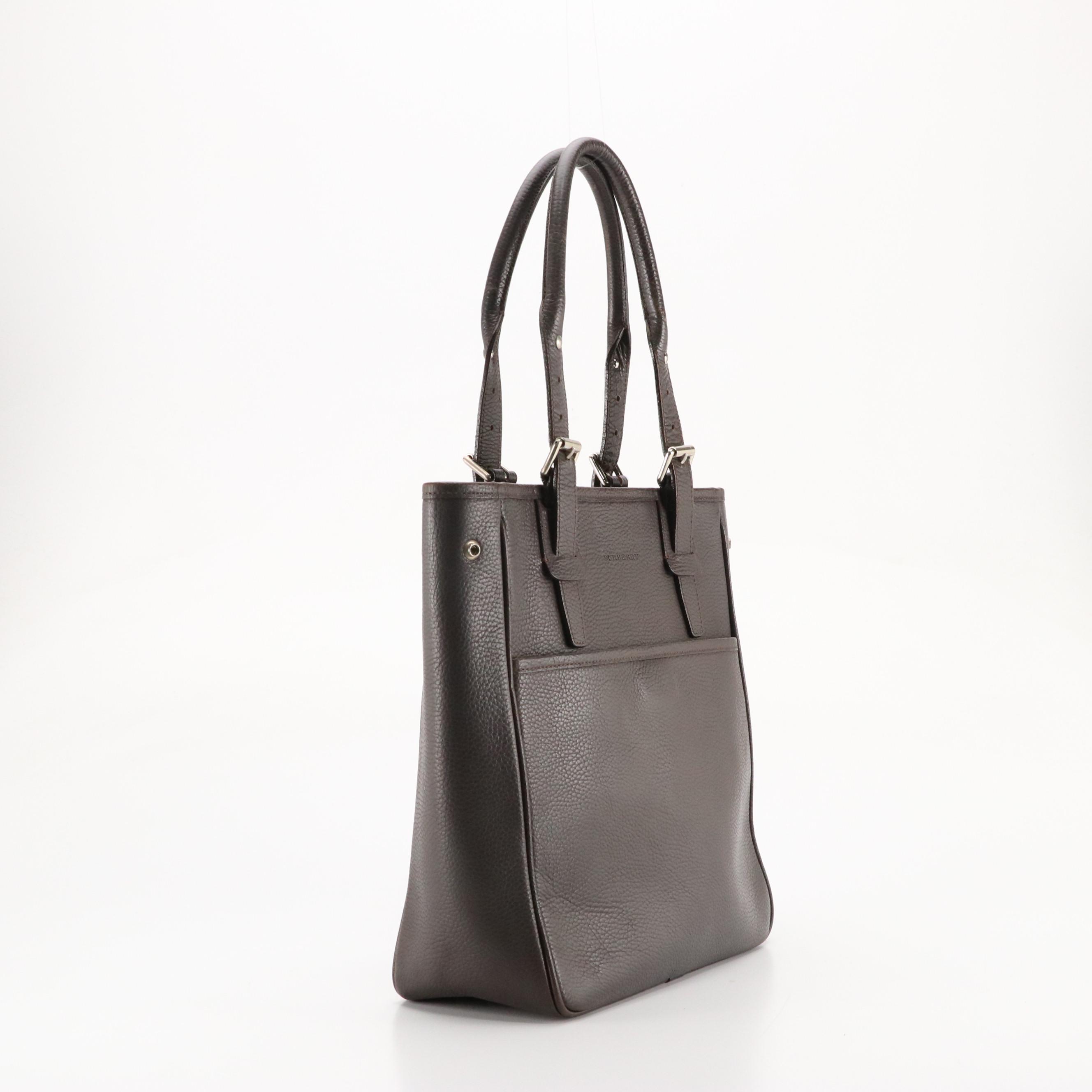Burberry Buckle Strap Work Tote in Dark Chocolate Brown Grained Leather