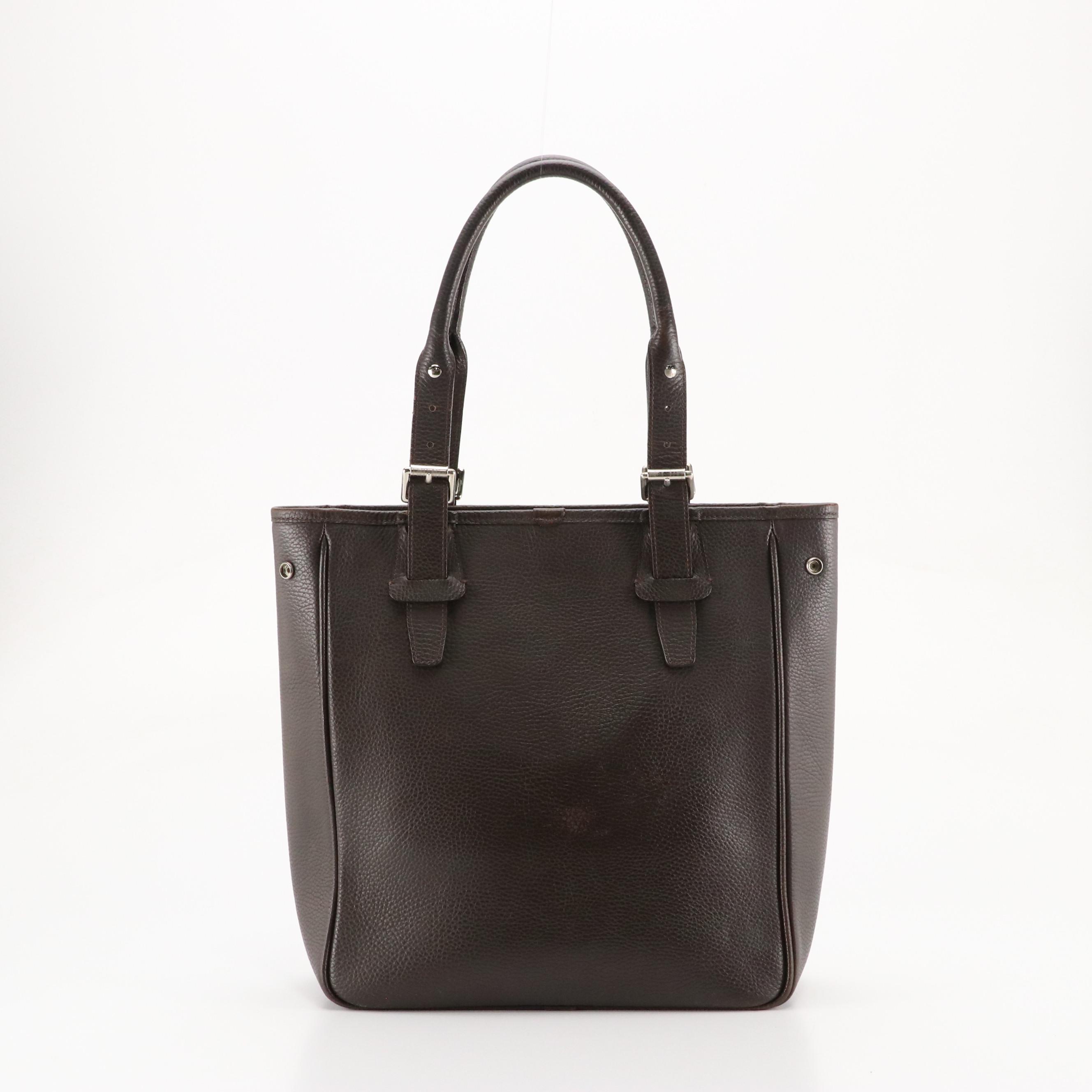 Burberry Buckle Strap Work Tote in Dark Chocolate Brown Grained Leather