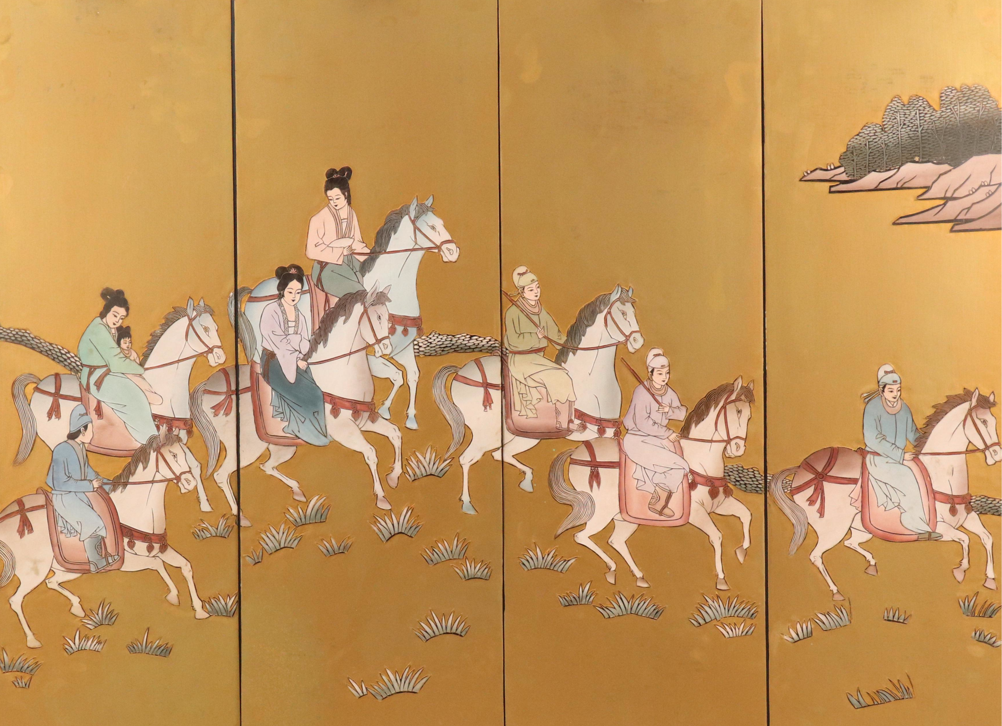 Japanese Hand-Painted Folding Screen of Figures on Horseback in Landscape