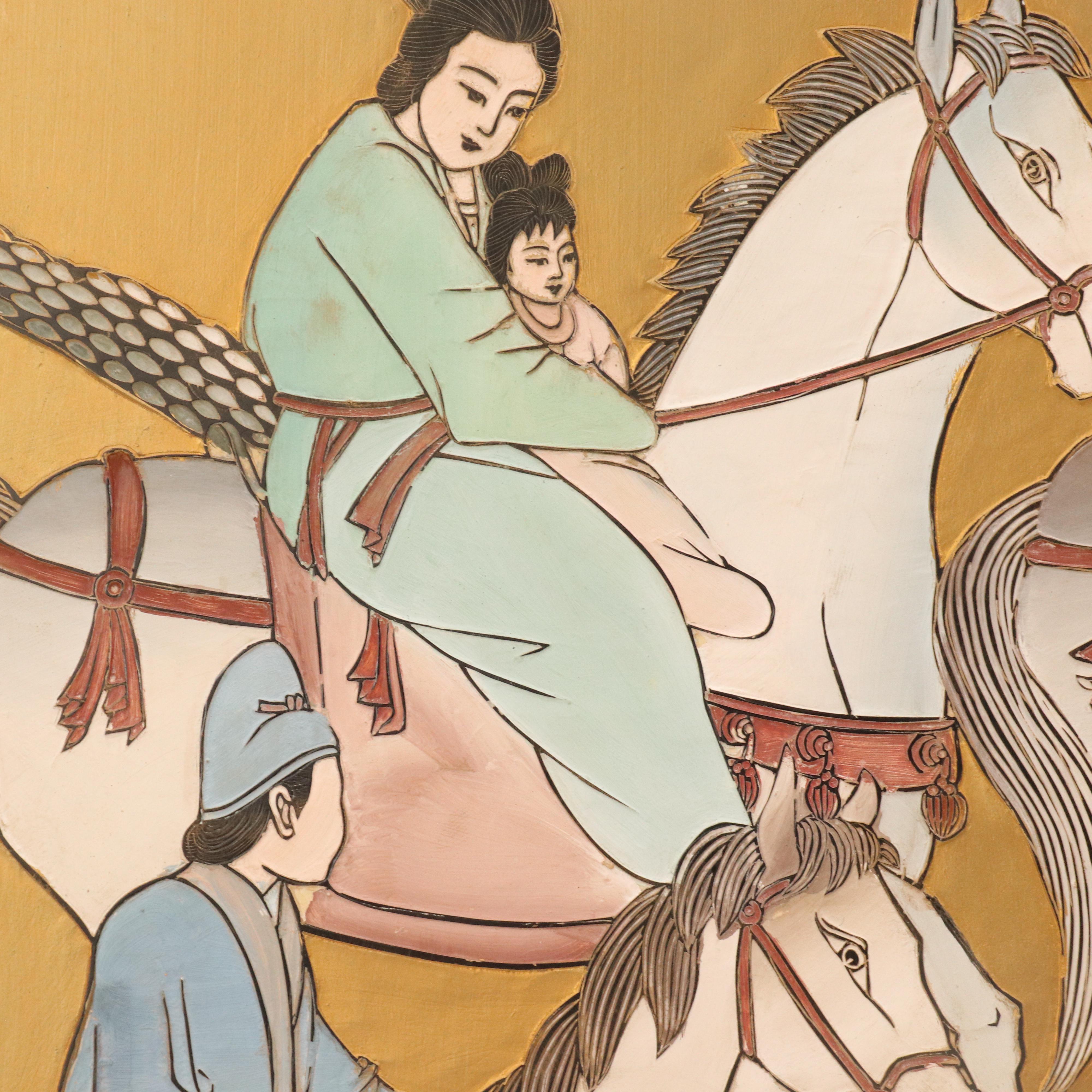 Japanese Hand-Painted Folding Screen of Figures on Horseback in Landscape