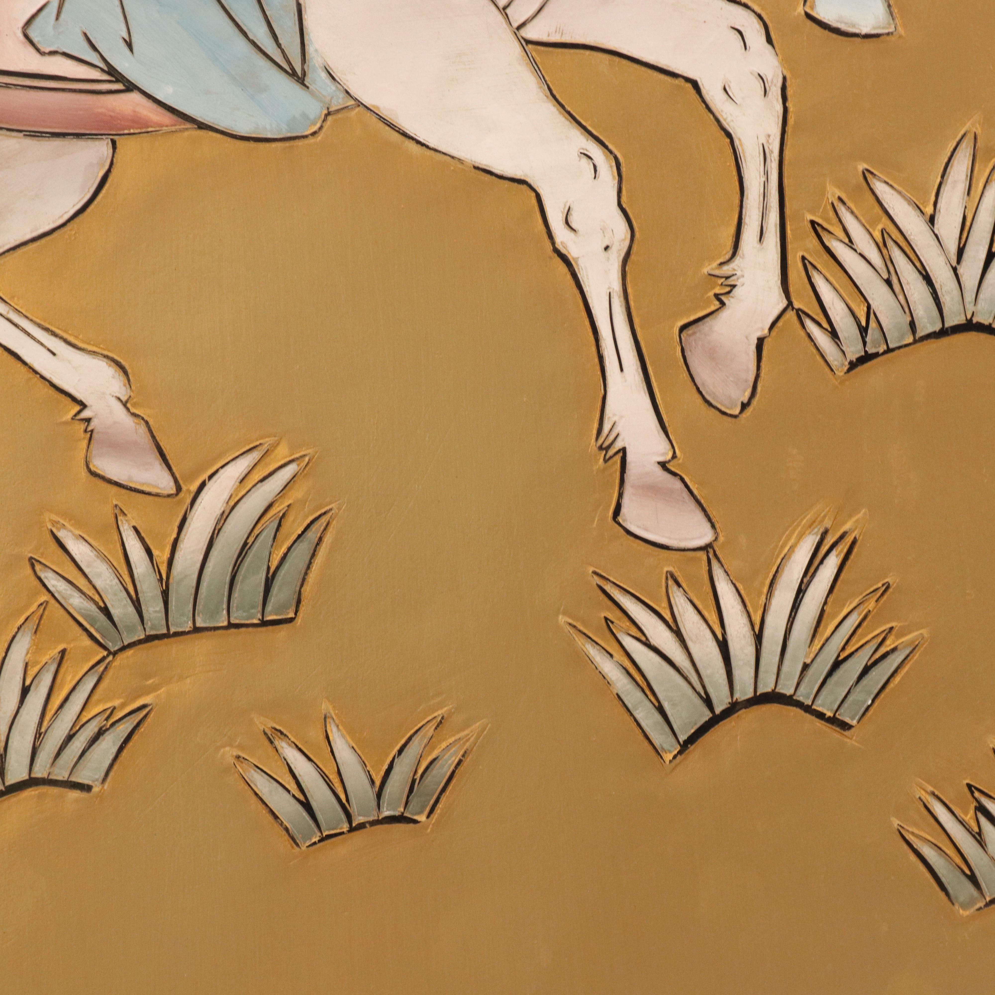 Japanese Hand-Painted Folding Screen of Figures on Horseback in Landscape