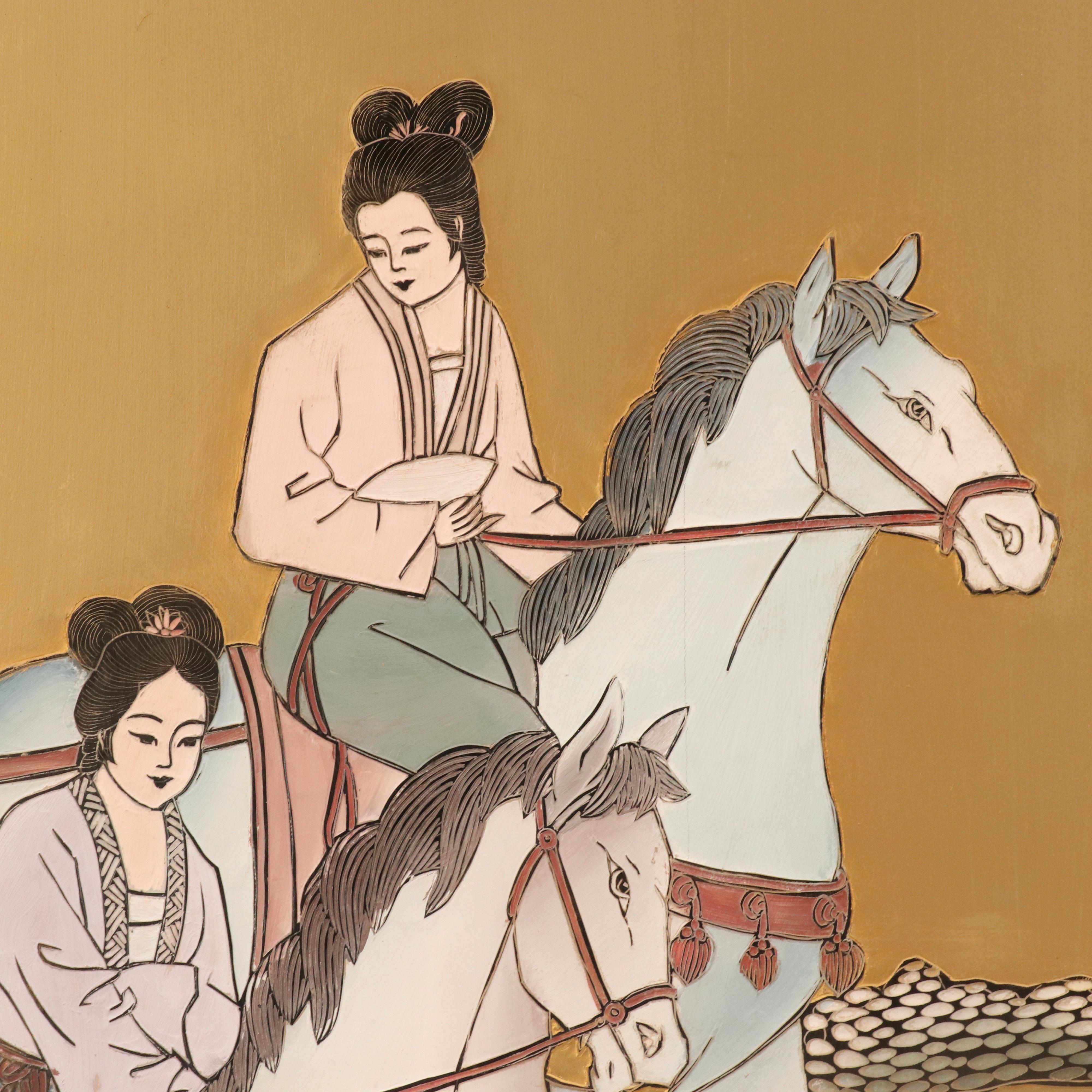 Japanese Hand-Painted Folding Screen of Figures on Horseback in Landscape