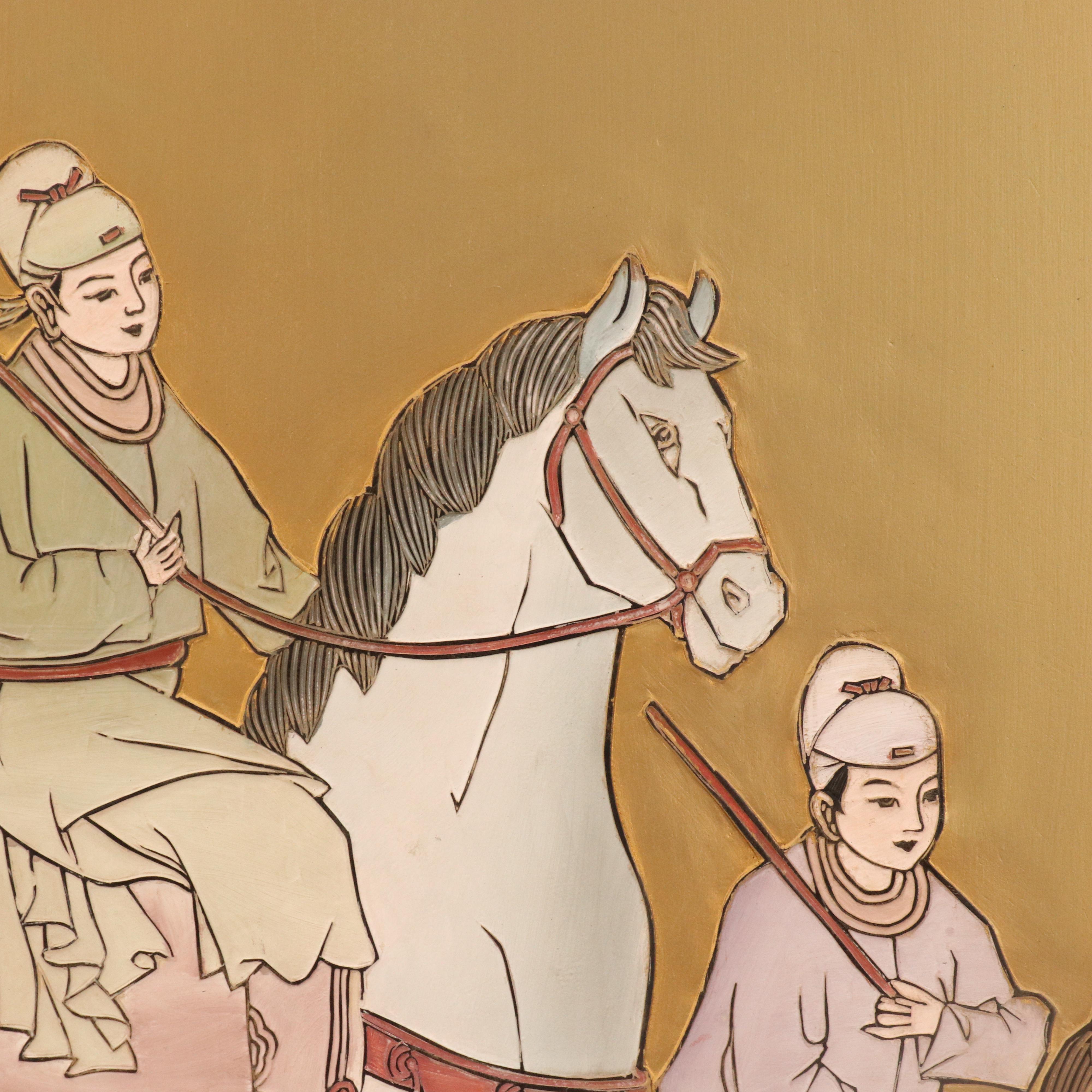 Japanese Hand-Painted Folding Screen of Figures on Horseback in Landscape