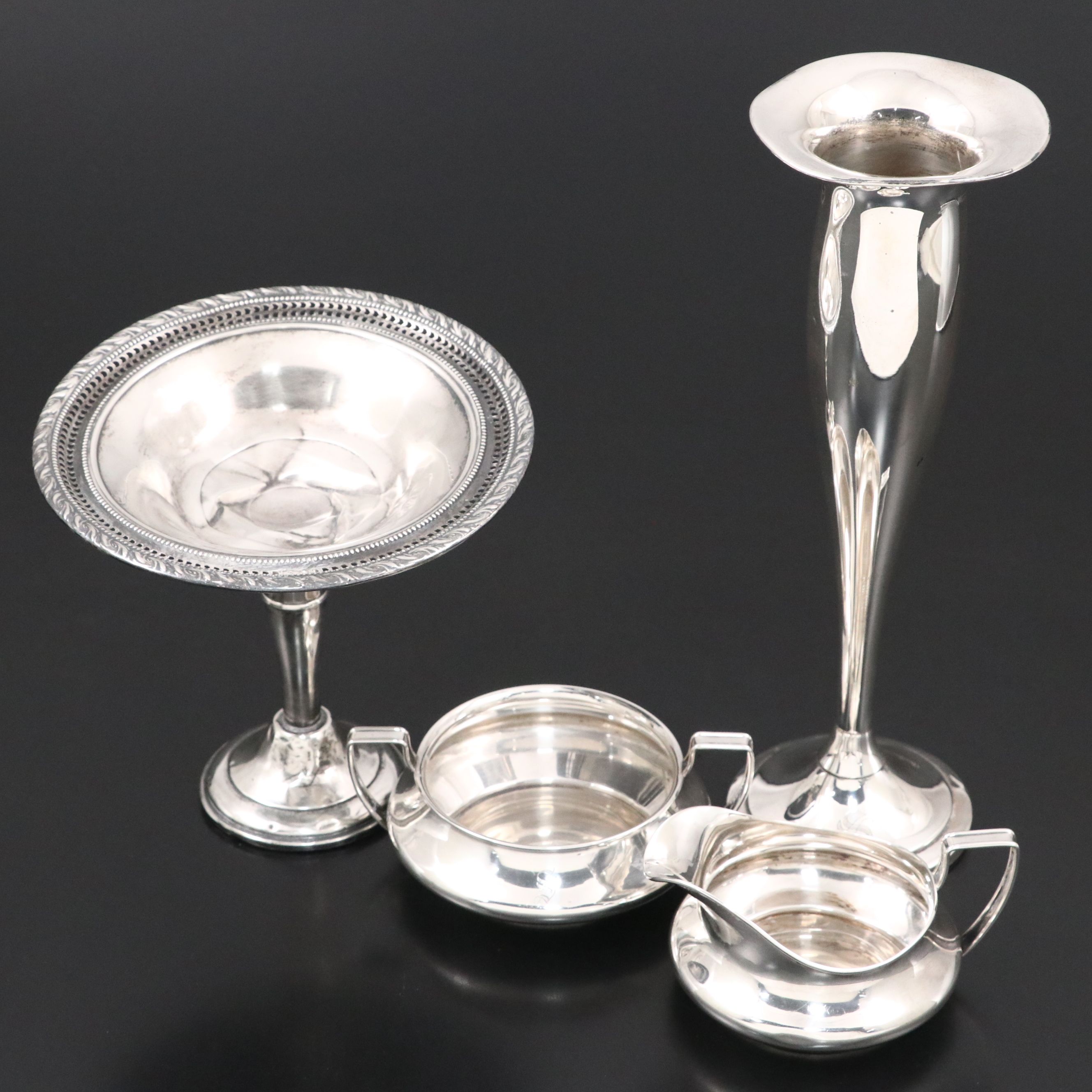 Amston Sterling Compote, Watson Sterling Vase, and Sterling Tea Accessories