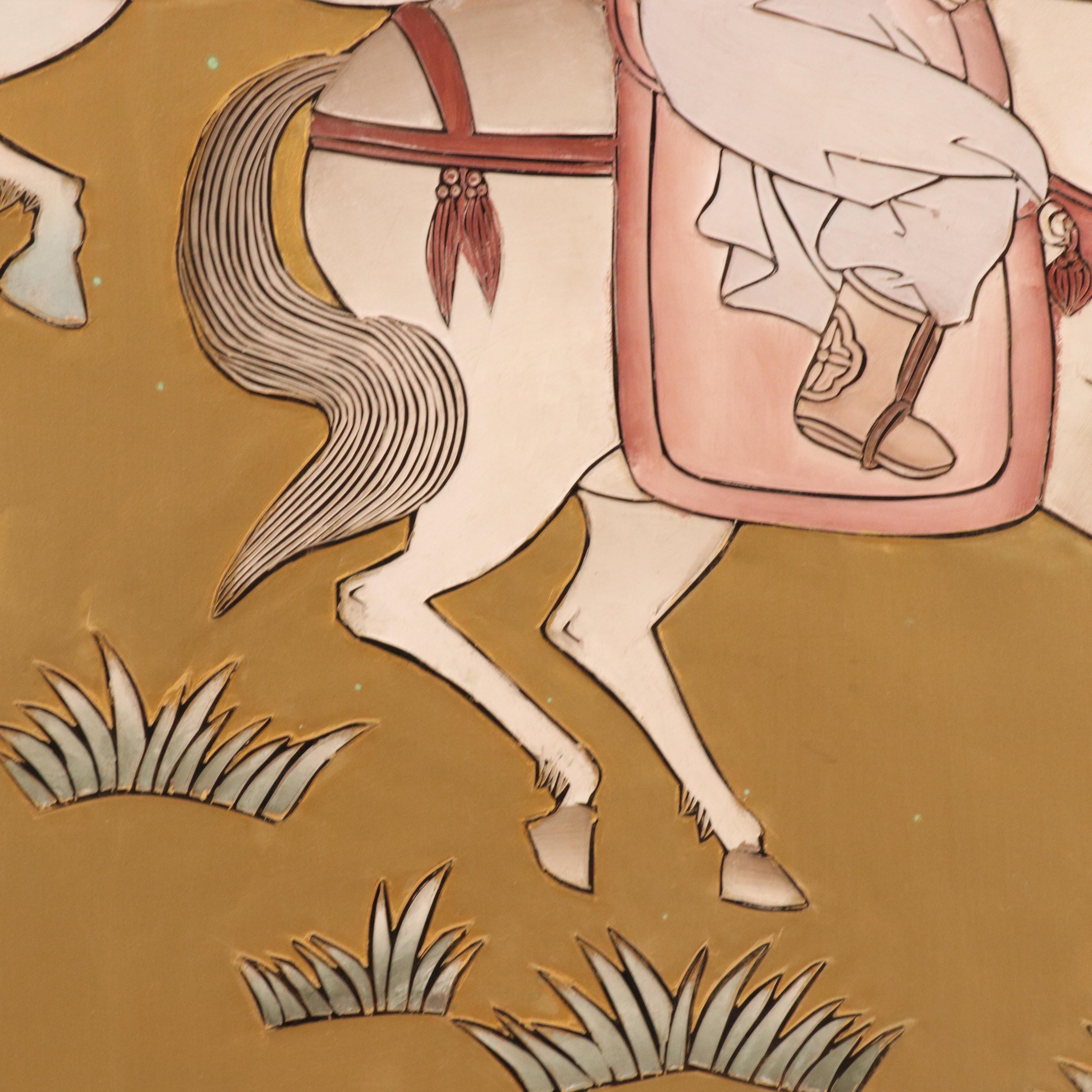 Japanese Hand-Painted Folding Screen of Figures on Horseback in Landscape